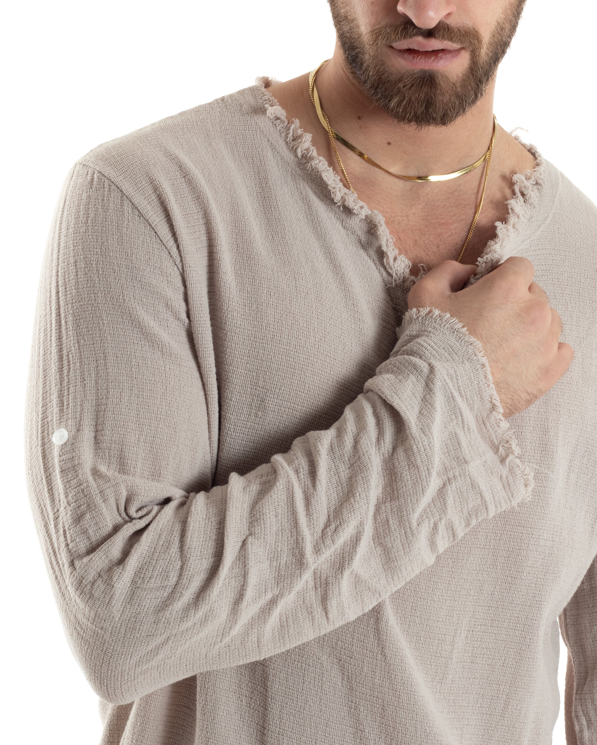 Men's Shirt V-Neck Long Sleeve Regular Fit Cotton Linen Frayed Beige GIOSAL-C2405A