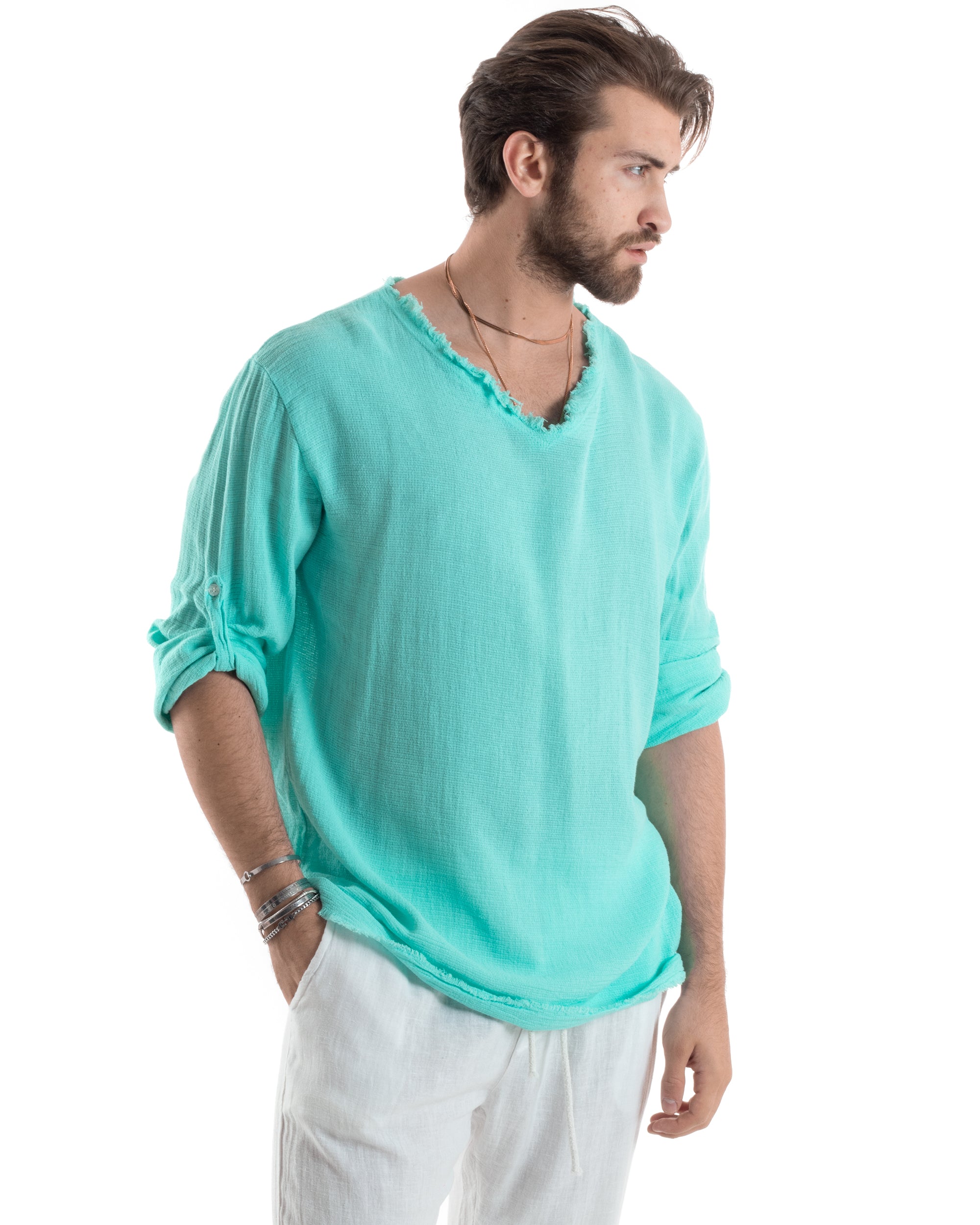 Camicia Uomo Manica Lunga Casacca Cotone Lino Scollo V Sfrangiata Regular Fit Verde Acqua GIOSAL-C2849A