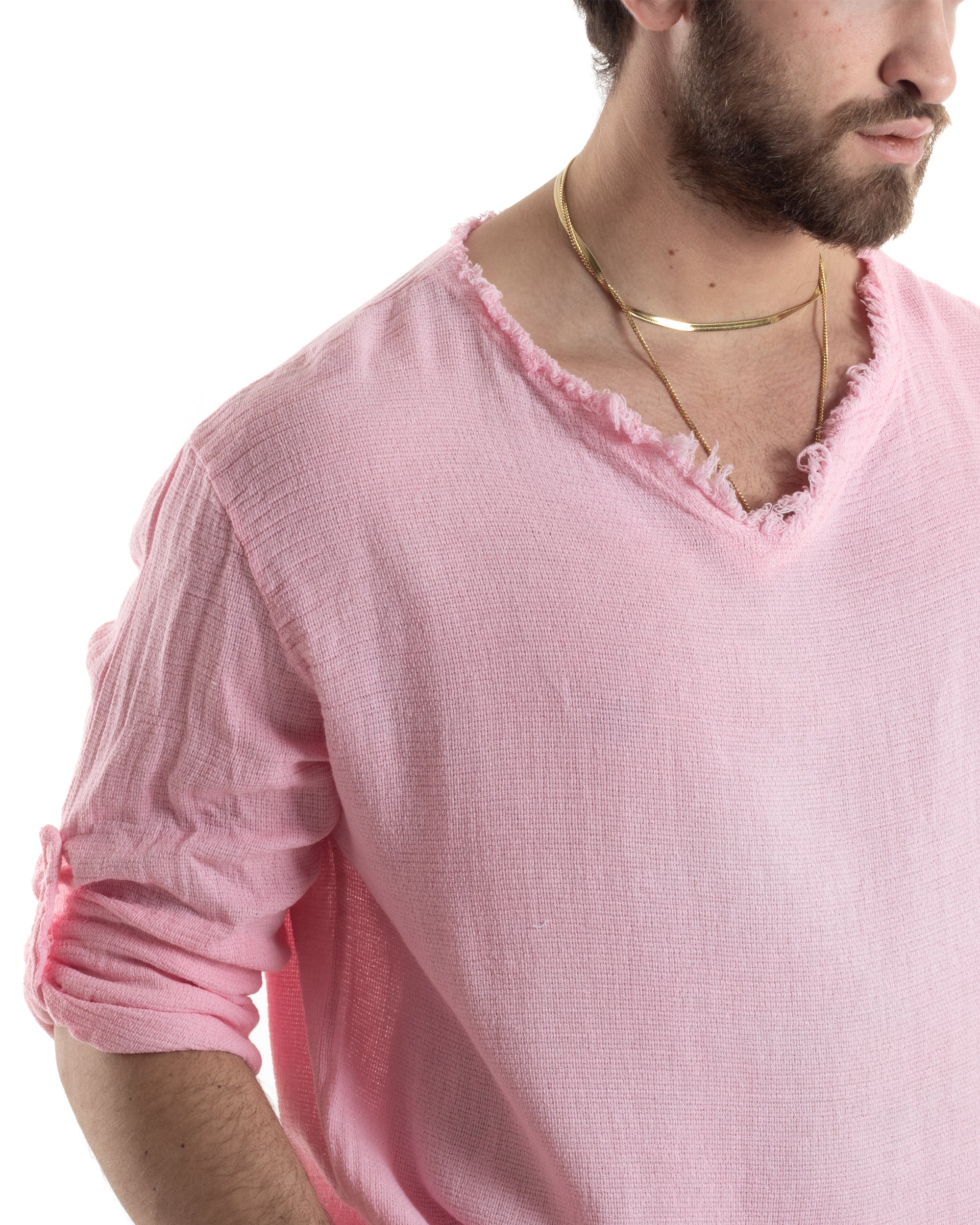 Camicia Uomo Maniche Lunghe Casacca Cotone Lino Scollo V Sfrangiata Regular Fit Rosa GIOSAL-C2850A