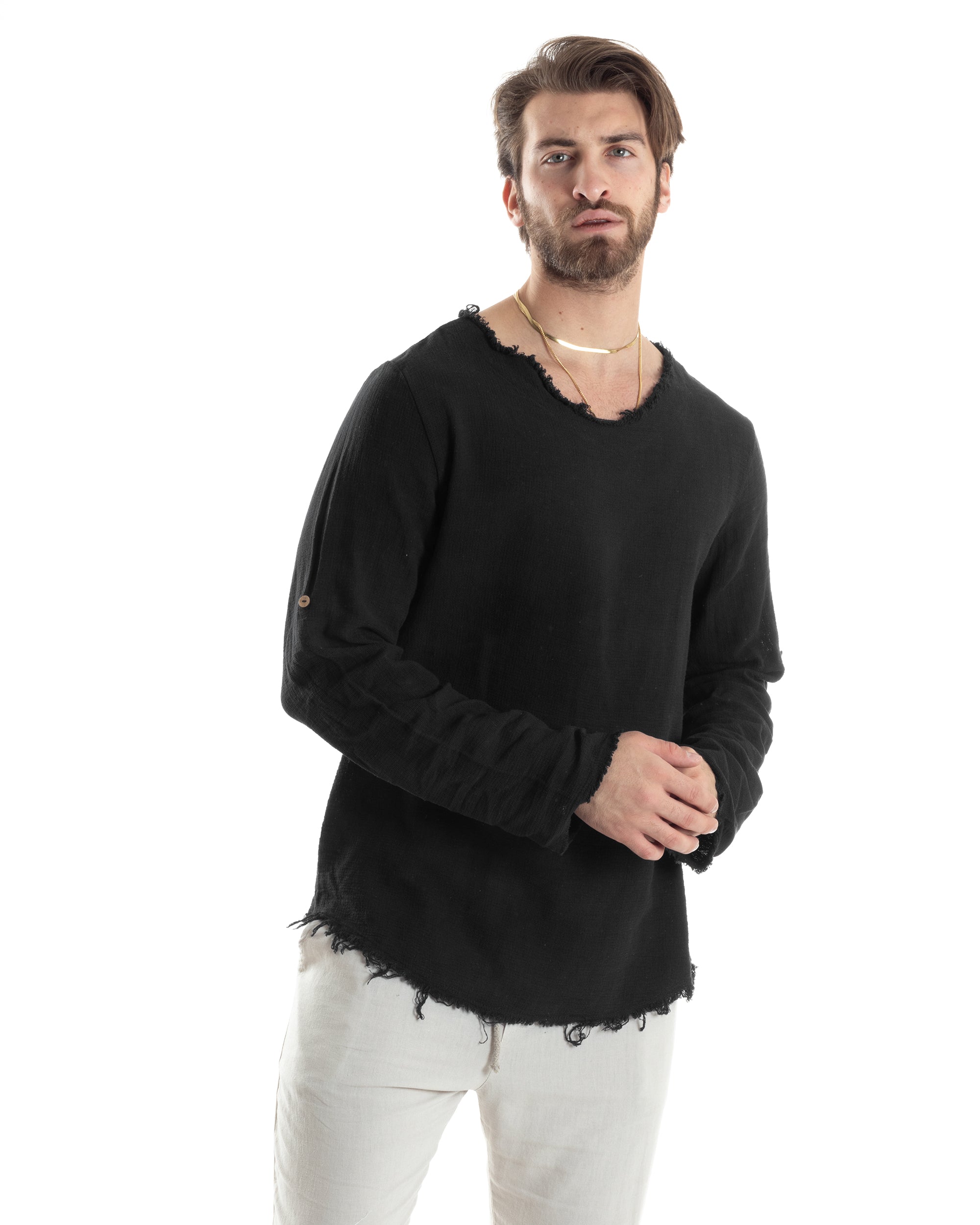 Men's Shirt V-Neck Long Sleeve Regular Fit Cotton Linen Frayed Beige GIOSAL-C2405A