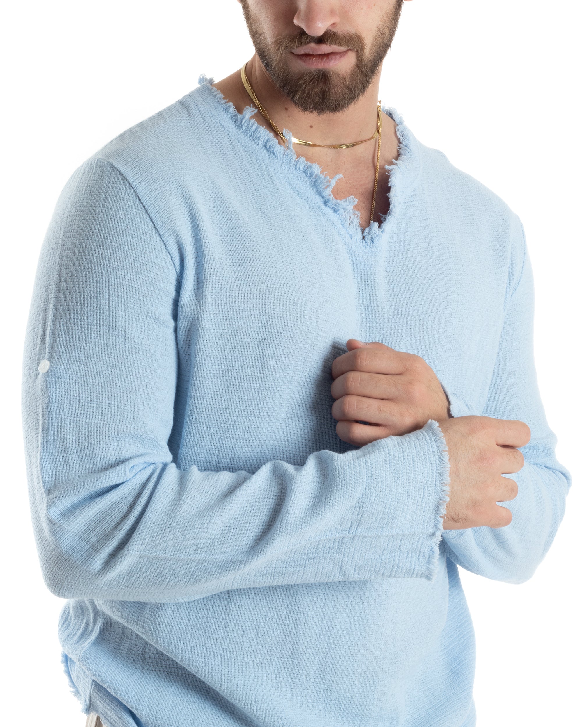 Men's Shirt V-Neck Long Sleeve Regular Fit Cotton Linen Frayed Beige GIOSAL-C2405A