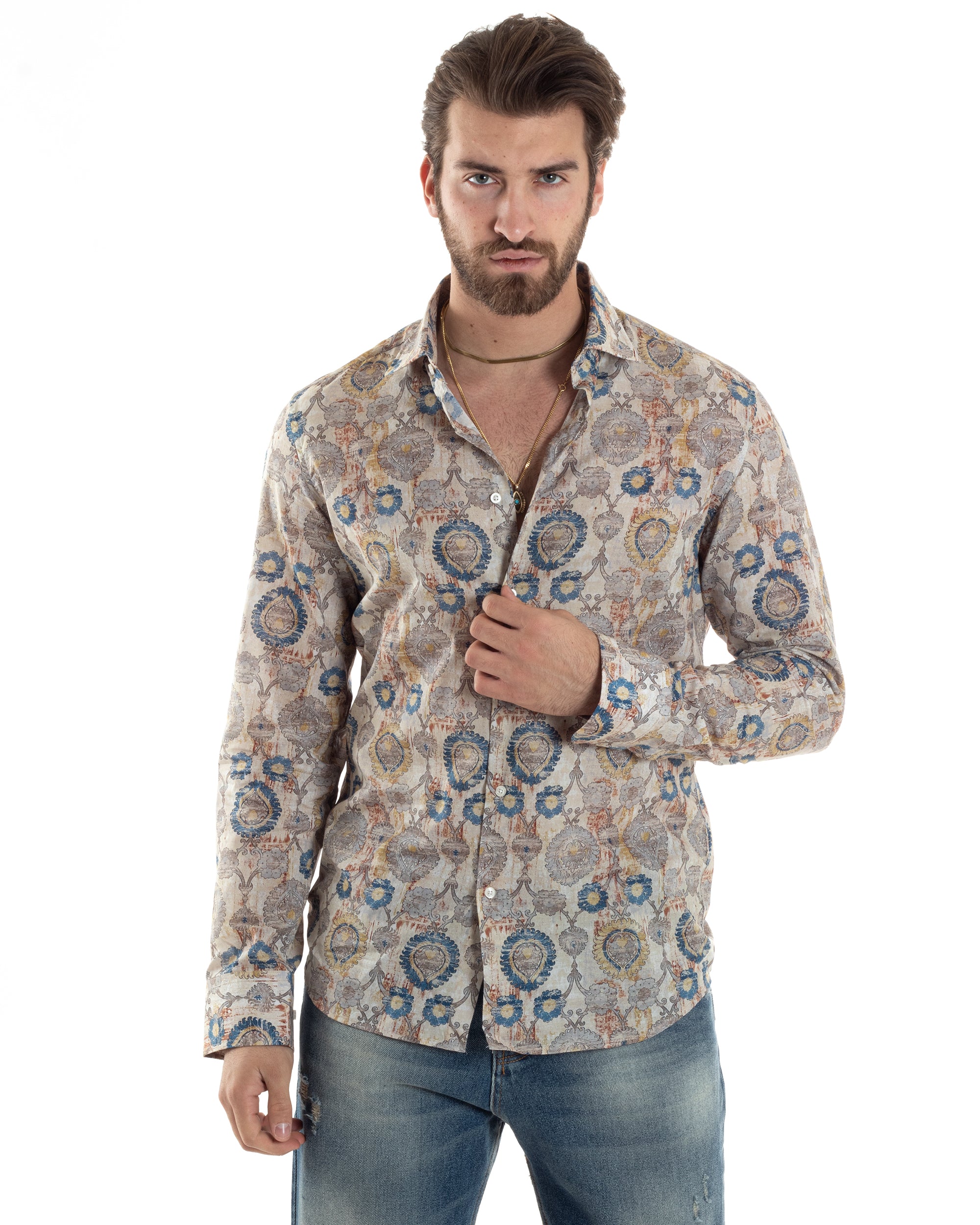 Camicia Uomo Maniche Lunghe Collo Francese Con Colletto Slim Fit Multicolore Fantasia Etnica GIOSAL-C2853A