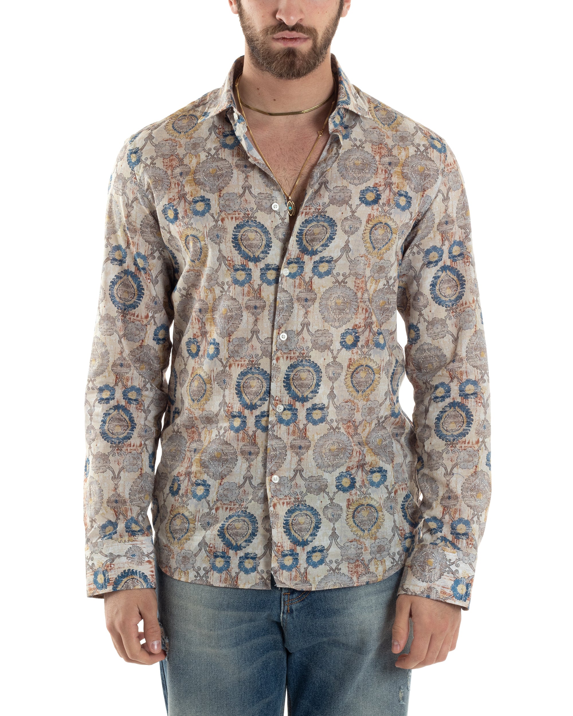 Camicia Uomo Manica Lunga Collo Francese Con Colletto Slim Fit Multicolore Fantasia Etnica GIOSAL-C2853A