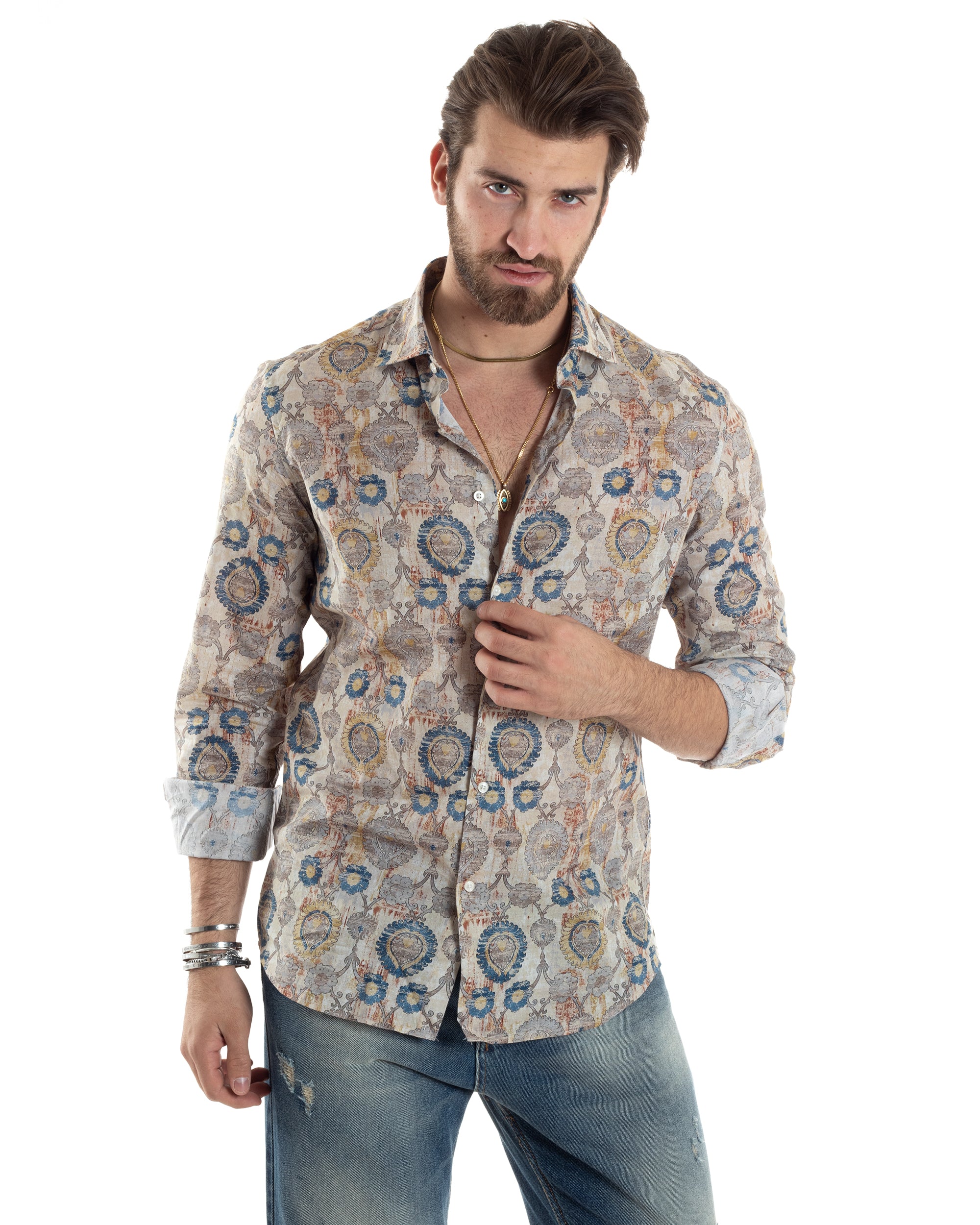 Camicia Uomo Maniche Lunghe Collo Francese Con Colletto Slim Fit Multicolore Fantasia Etnica GIOSAL-C2853A