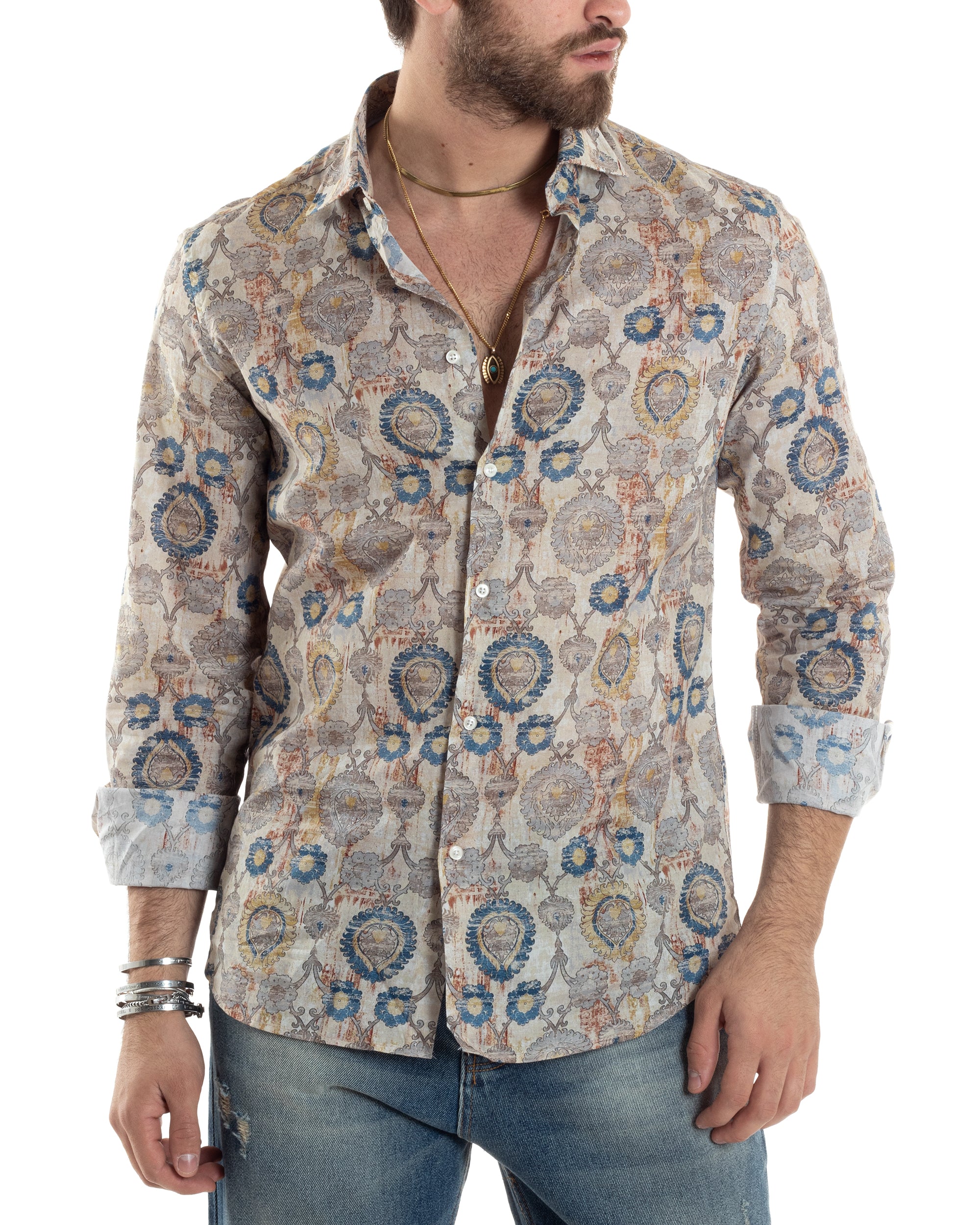 Camicia Uomo Manica Lunga Collo Francese Con Colletto Slim Fit Multicolore Fantasia Etnica GIOSAL-C2853A