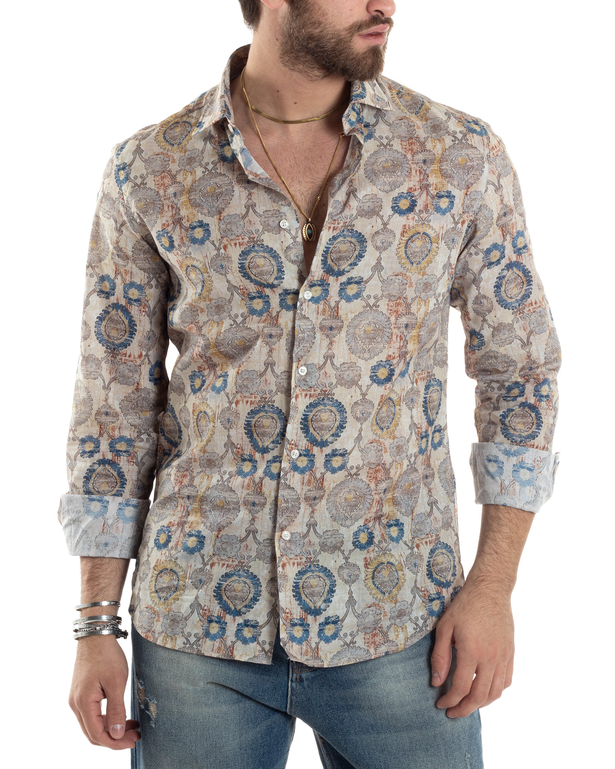 Camicia Uomo Maniche Lunghe Collo Francese Con Colletto Slim Fit Multicolore Fantasia Etnica GIOSAL-C2853A