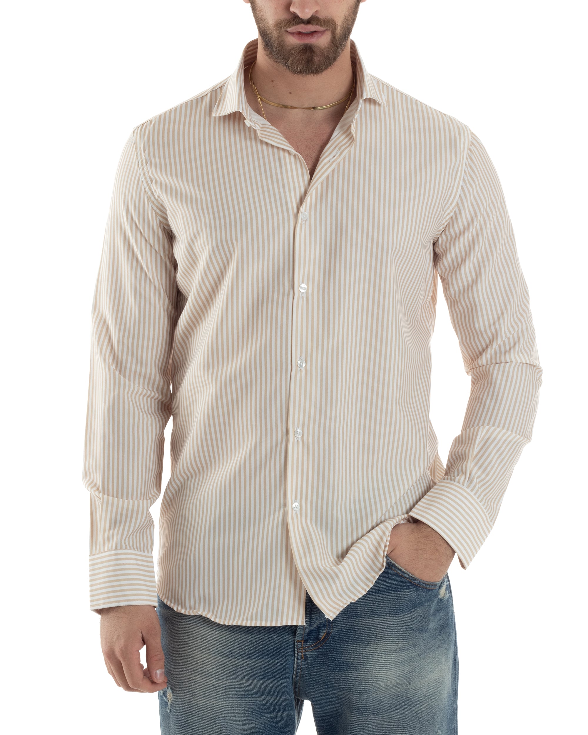 Camicia Uomo Maniche Lunghe Collo Francese Con Colletto Viscosa Regular Fit Riga Stretta Beige GIOSAL-C2856A