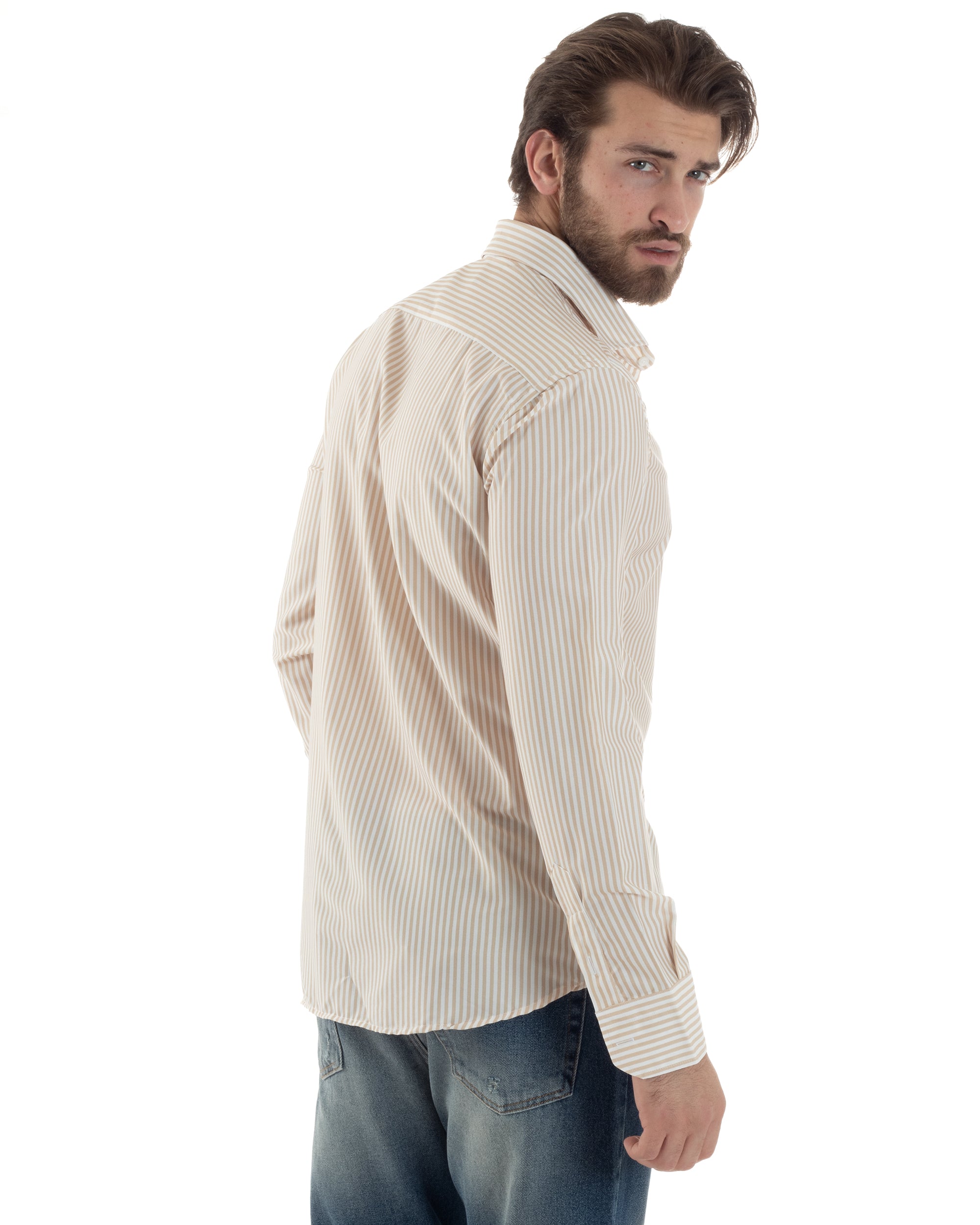 Camicia Uomo Manica Lunga Collo Francese Con Colletto Viscosa Regular Fit Riga Stretta Beige GIOSAL-C2856A