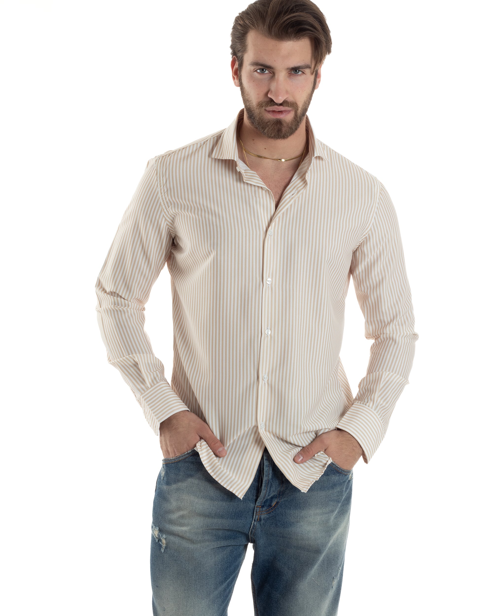 Camicia Uomo Maniche Lunghe Collo Francese Con Colletto Viscosa Regular Fit Riga Stretta Beige GIOSAL-C2856A