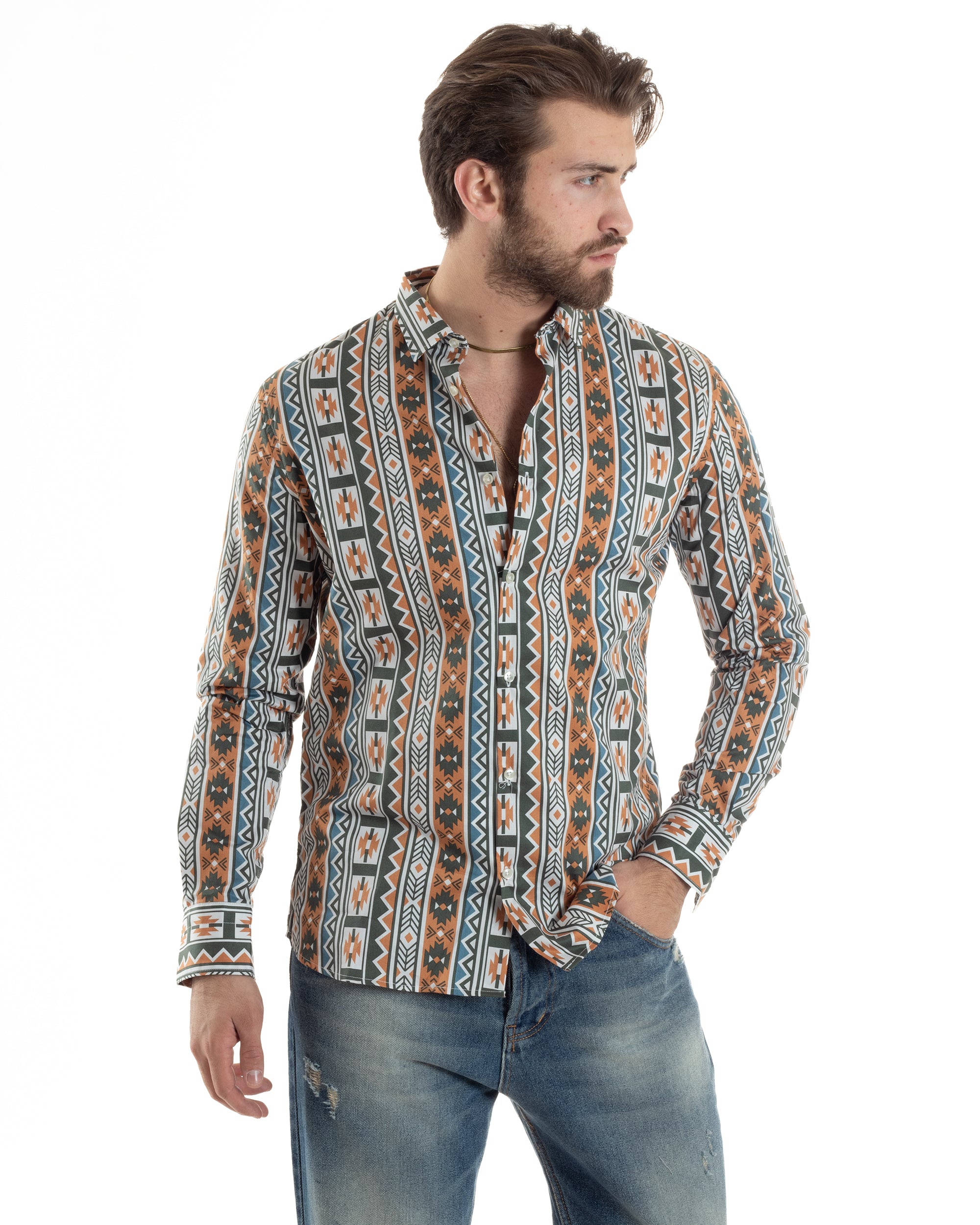 Camicia Uomo Con Colletto Manica Lunga Regular Fit Multicolore Fantasia Etnica GIOSAL-C2859A