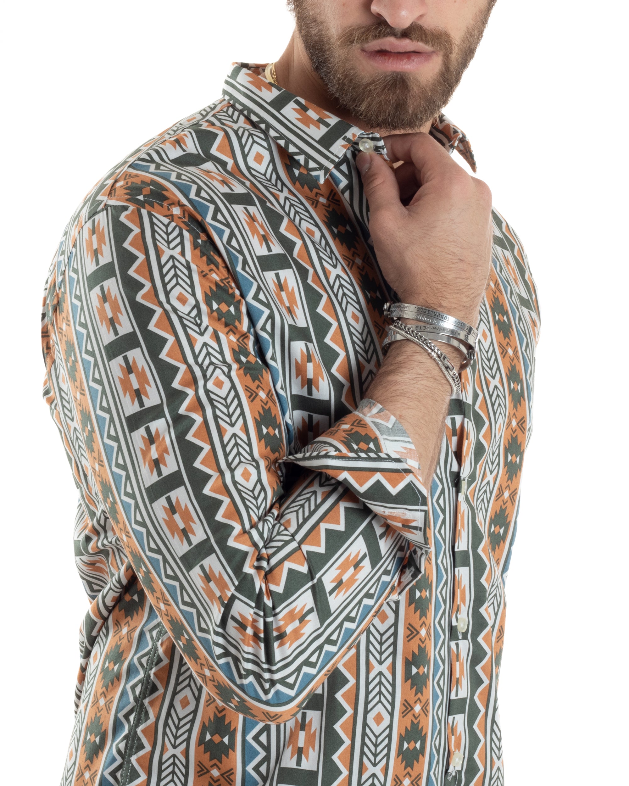 Camicia Uomo Con Colletto Manica Lunga Regular Fit Multicolore Fantasia Etnica GIOSAL-C2859A