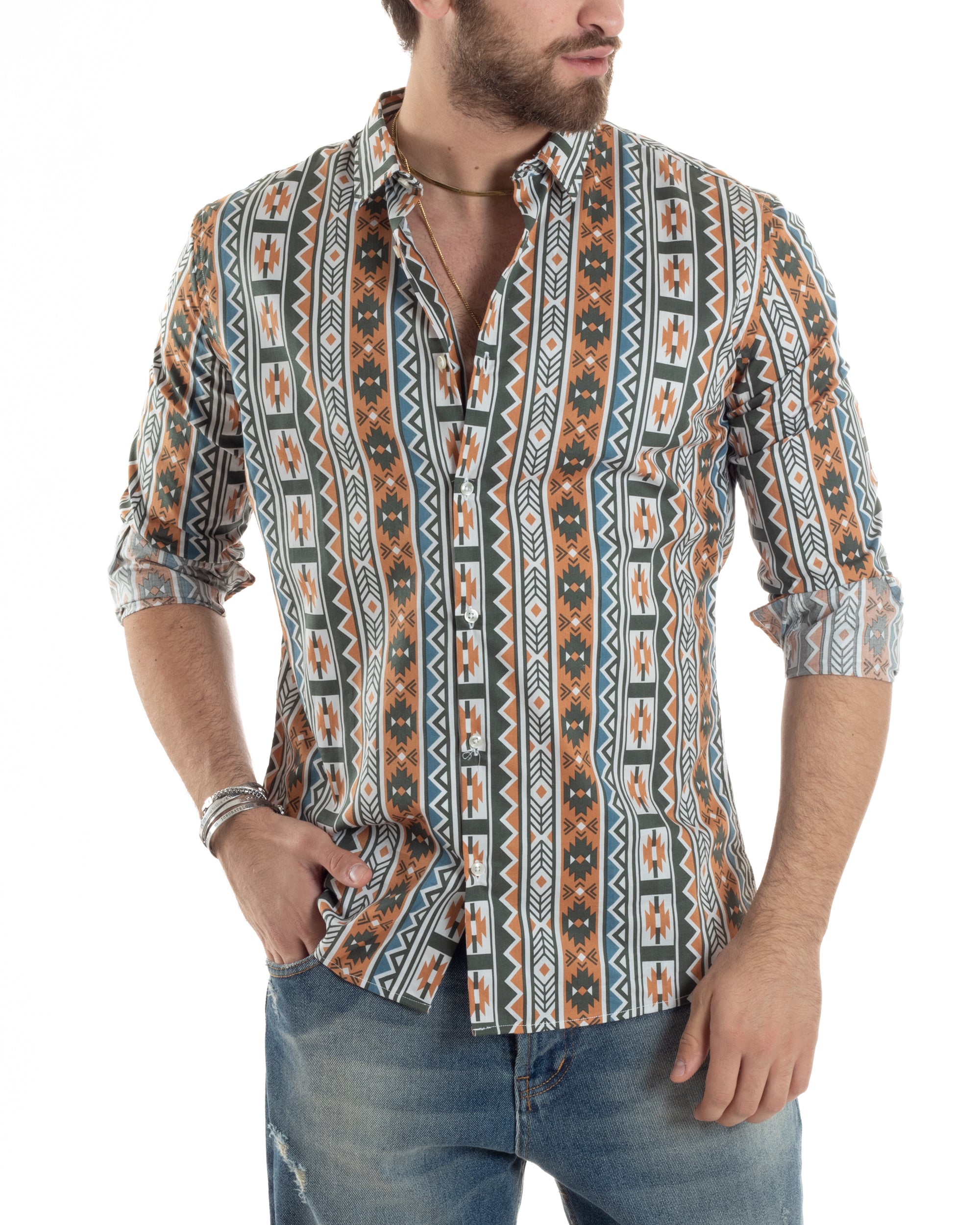 Camicia Uomo Con Colletto Manica Lunga Regular Fit Multicolore Fantasia Etnica GIOSAL-C2859A