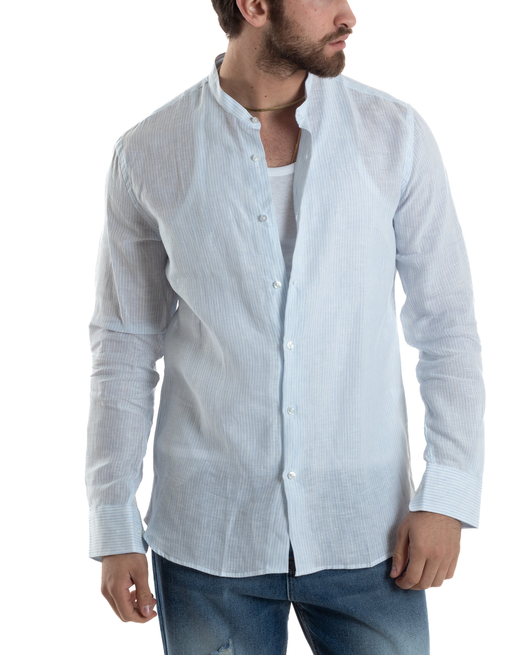 Men's Linen Shirt Mandarin Collar Long Sleeve Regular Fit Narrow Stripe Light Blue GIOSAL-C2421A