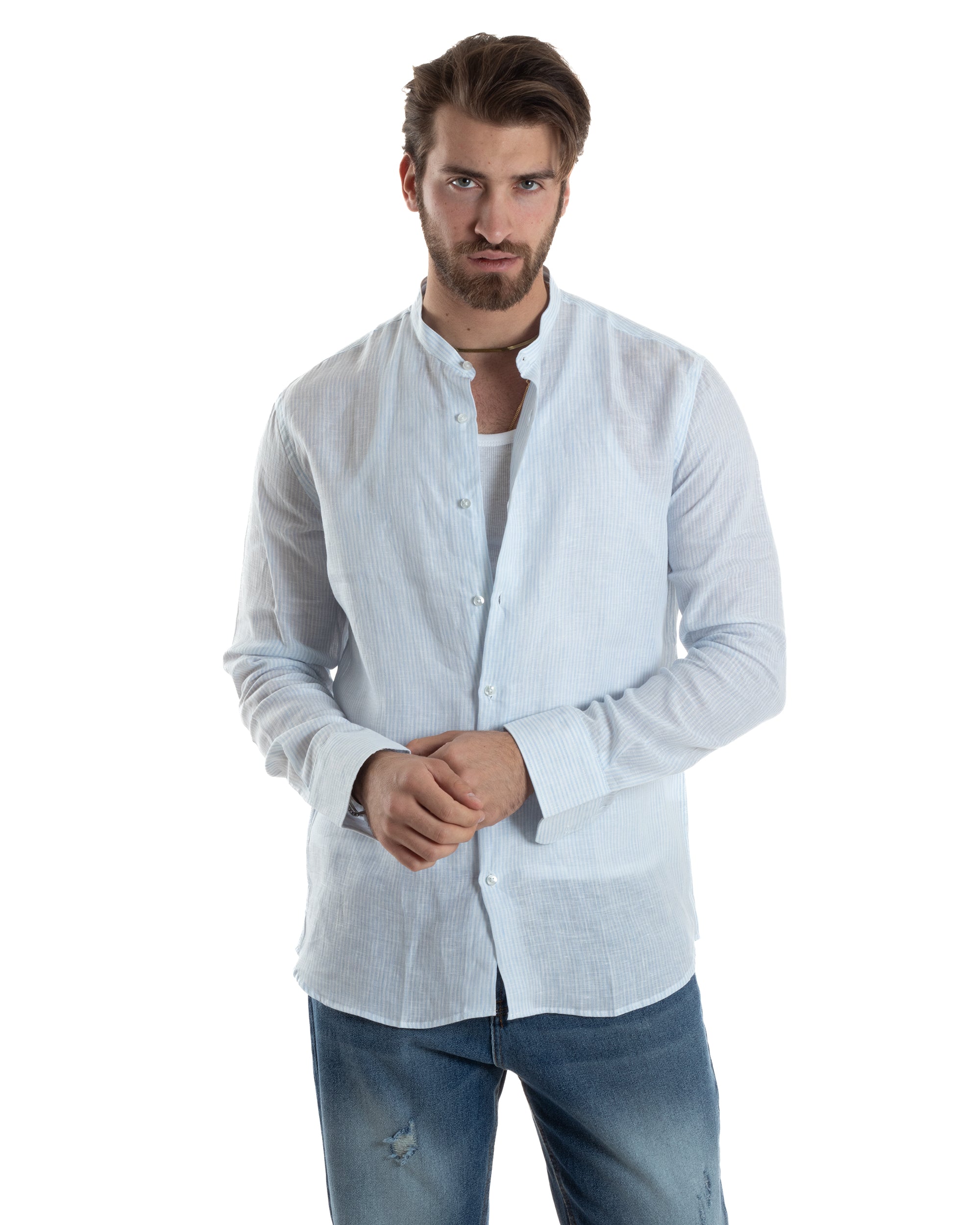 Men's Linen Shirt Mandarin Collar Long Sleeve Regular Fit Narrow Stripe Light Blue GIOSAL-C2421A