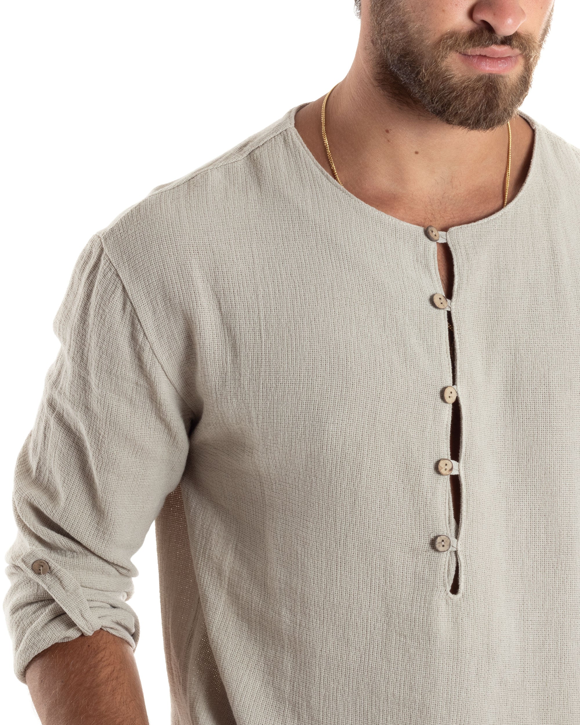 Camicia Maniche Lunghe Uomo Cotone Collo Serafino Scollo Rotondo Con Bottoncini Regular Fit Casual Beige GIOSAL-C2868A