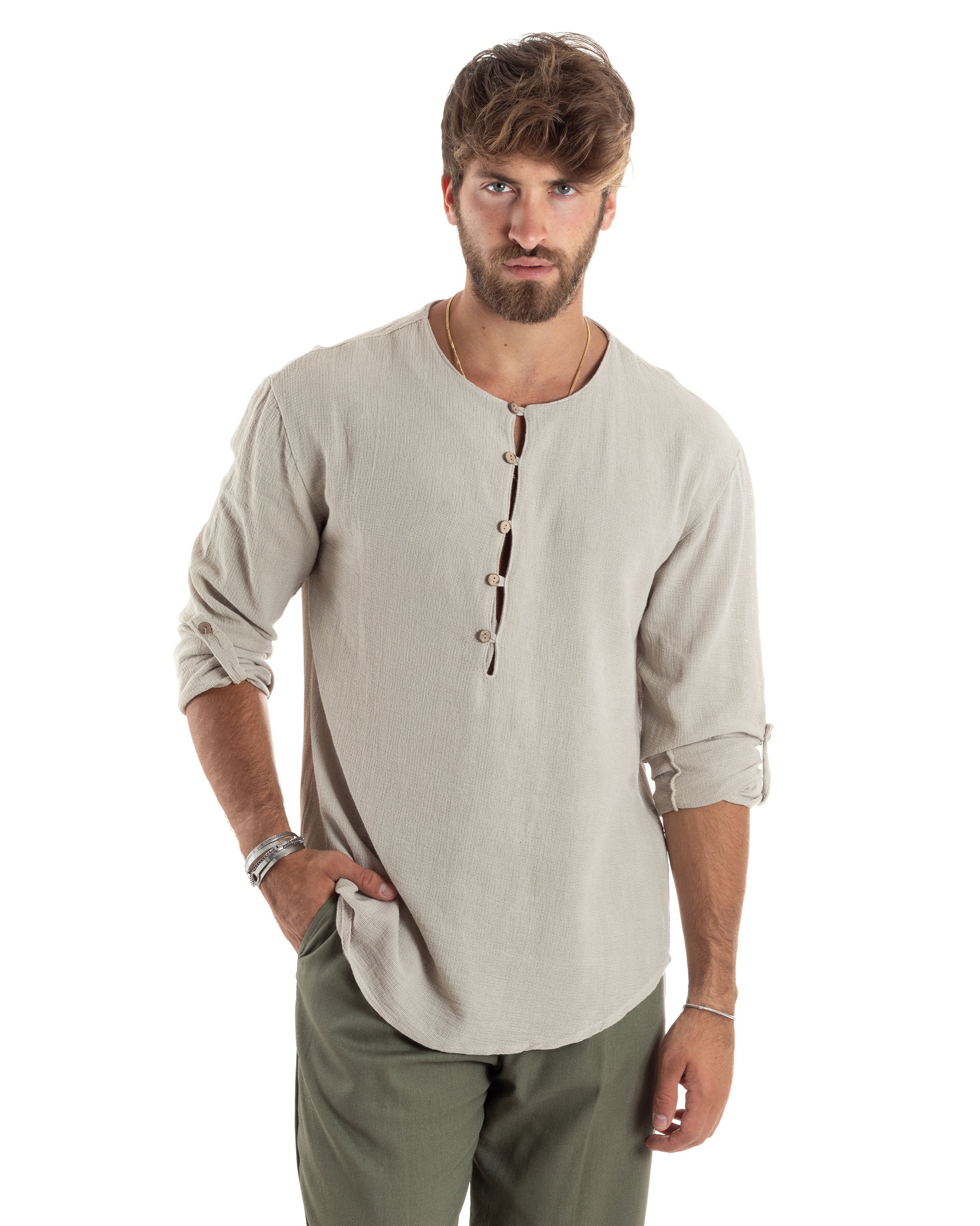 Camicia Maniche Lunghe Uomo Cotone Collo Serafino Scollo Rotondo Con Bottoncini Regular Fit Casual Beige GIOSAL-C2868A