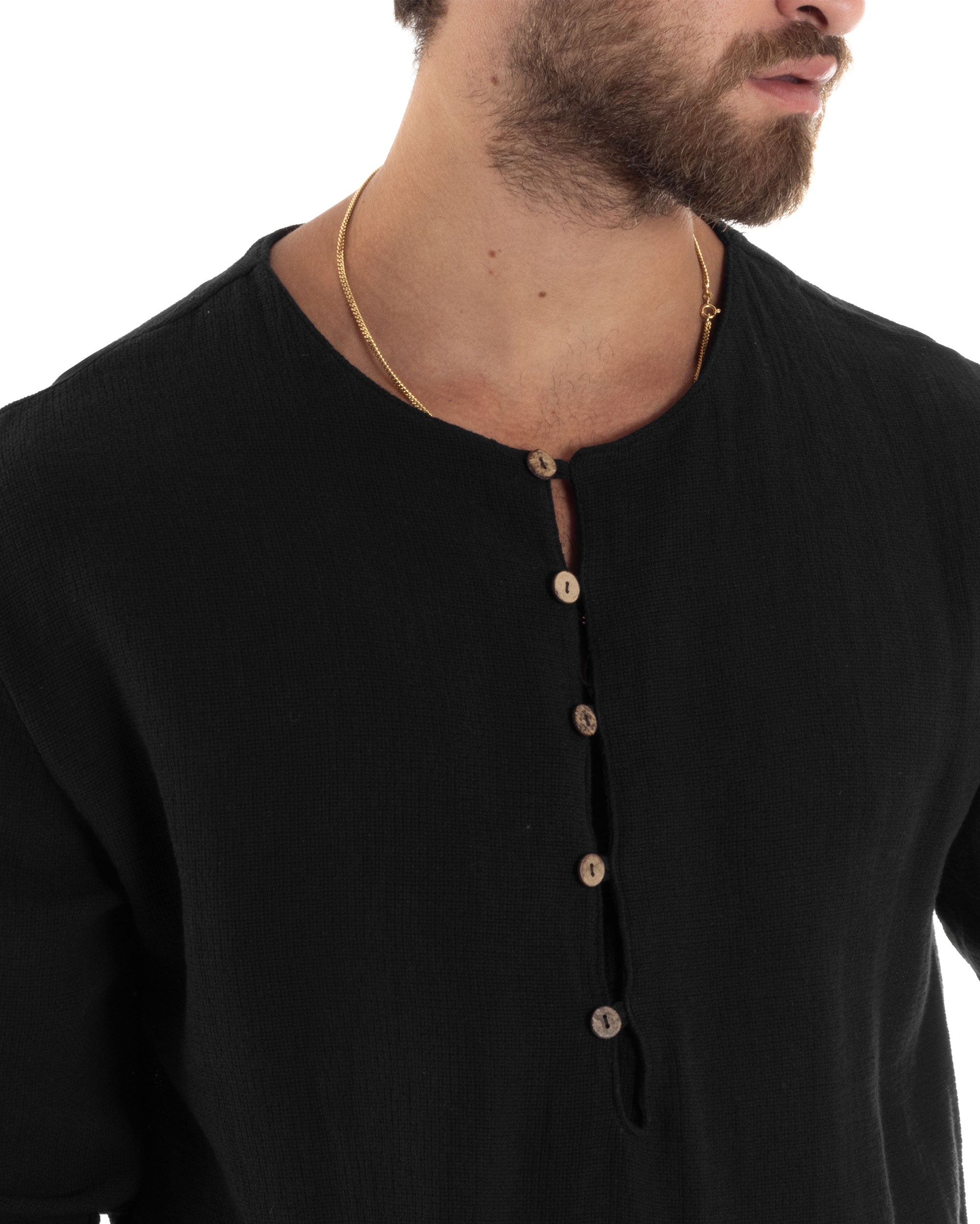 Camicia Maniche Lunghe Uomo Cotone Collo Serafino Scollo Rotondo Con Bottoncini Regular Fit Casual Nero GIOSAL-C2870A