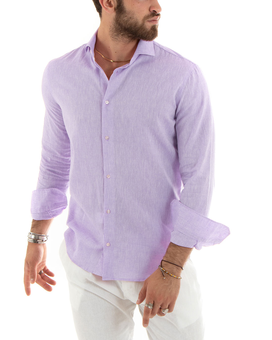 Camicia Uomo Con Colletto Francese Maniche Lunghe Lino Melangiata Sartoriale Lilla GIOSAL-C2877A
