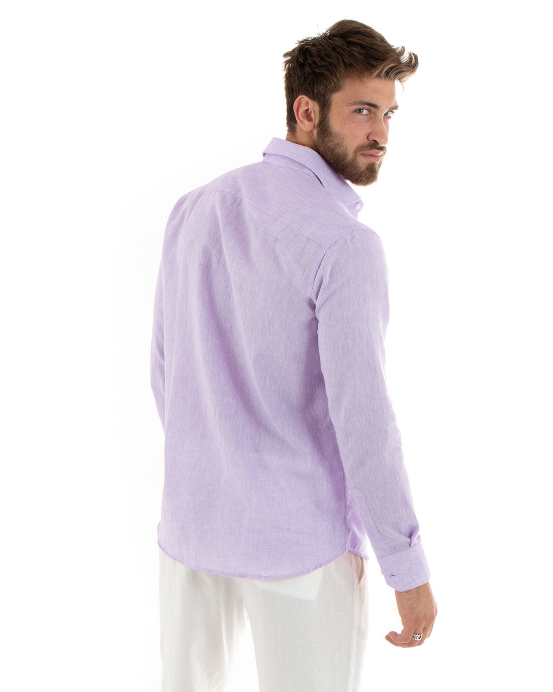 Camicia Uomo Lino Melangiata Colletto Francese Sartoriale Lilla GIOSAL-C2877A