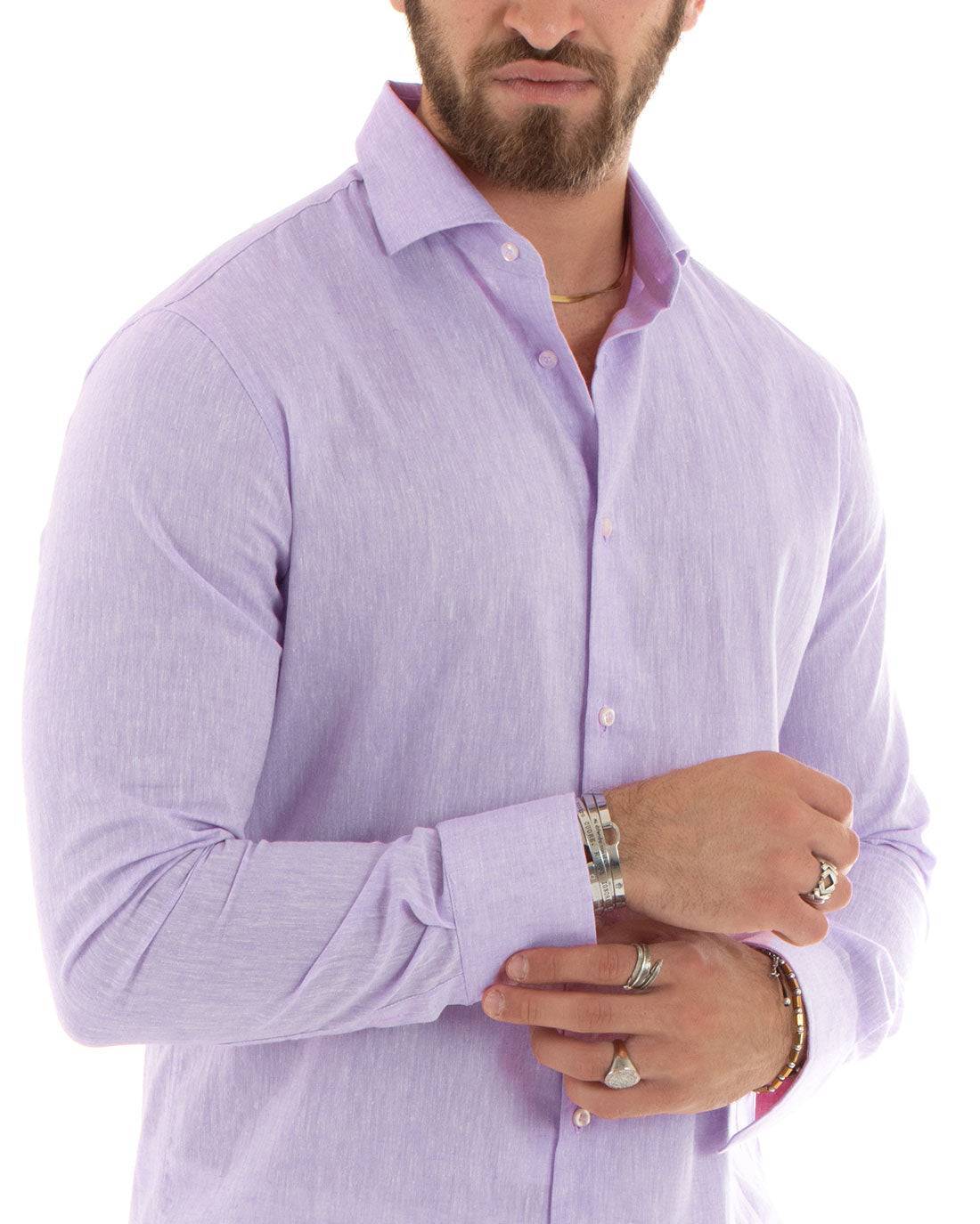 Camicia Uomo Lino Melangiata Colletto Francese Sartoriale Lilla GIOSAL-C2877A