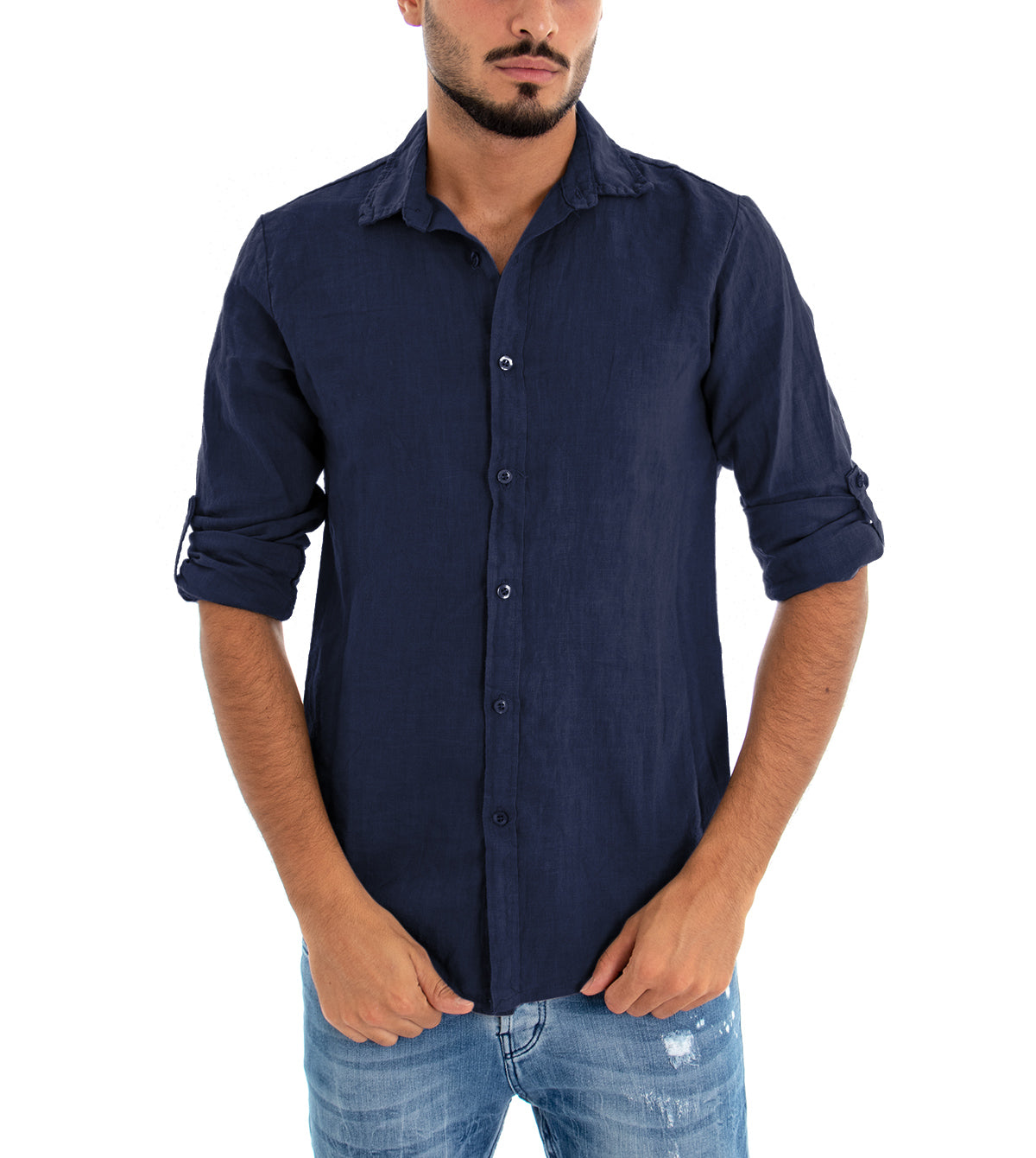 Camicia Uomo Con Colletto Slim Fit Lino Tinta Unita Maniche Lunghe Blu GIOSAL-C2890A