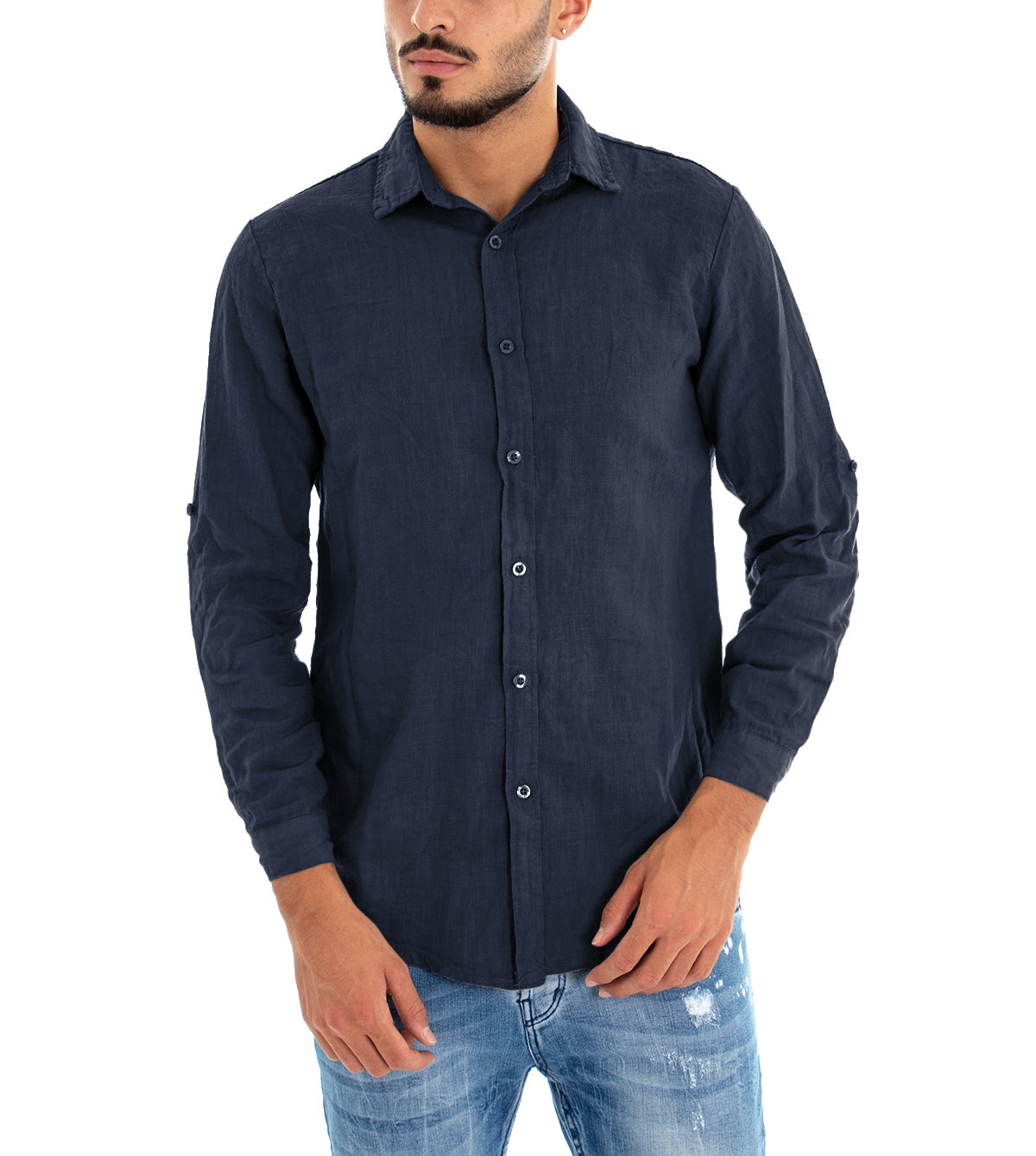 Camicia Uomo Con Colletto Slim Fit Lino Tinta Unita Maniche Lunghe Blu GIOSAL-C2890A