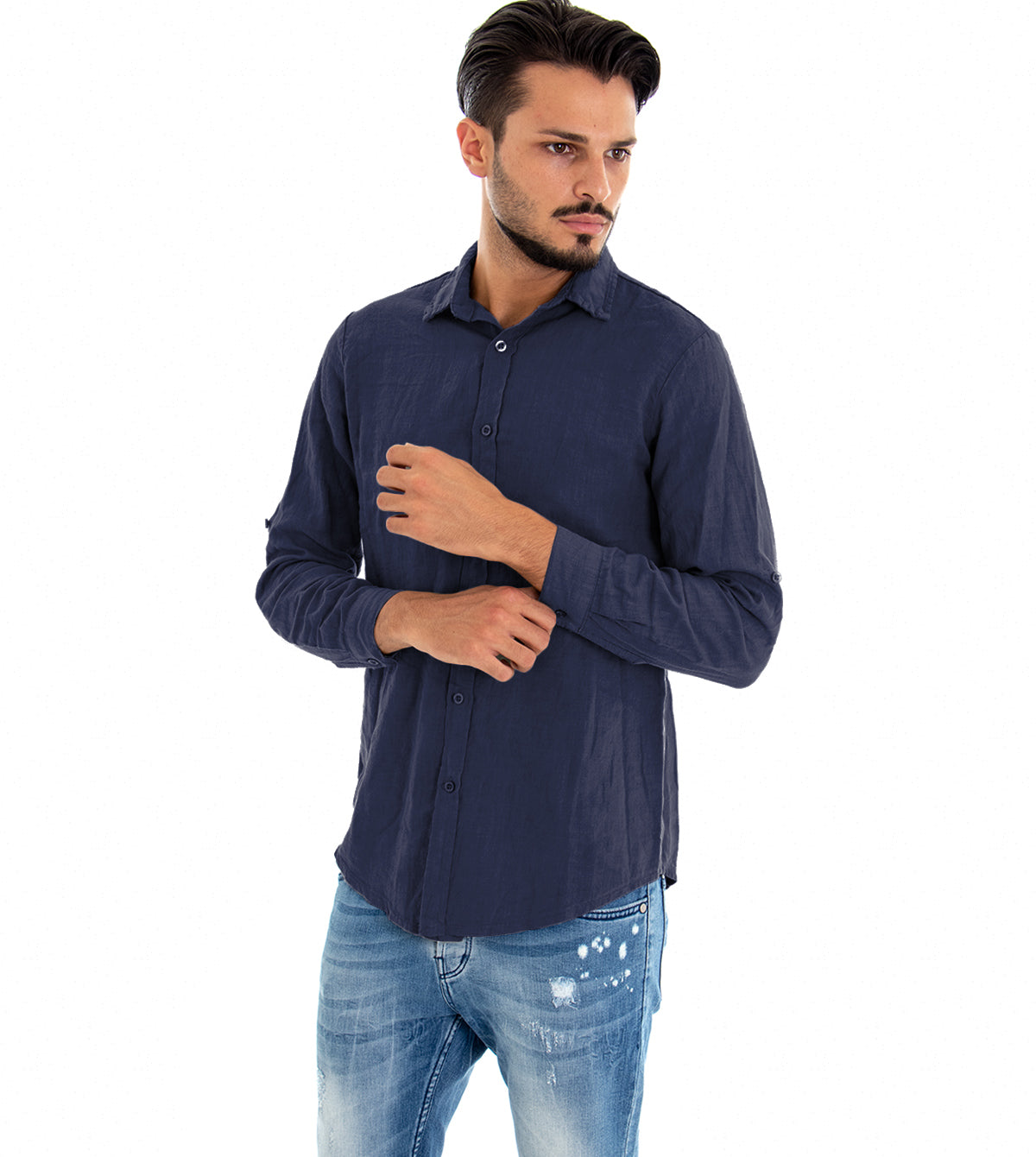 Camicia Uomo Con Colletto Slim Fit Lino Tinta Unita Maniche Lunghe Blu GIOSAL-C2890A