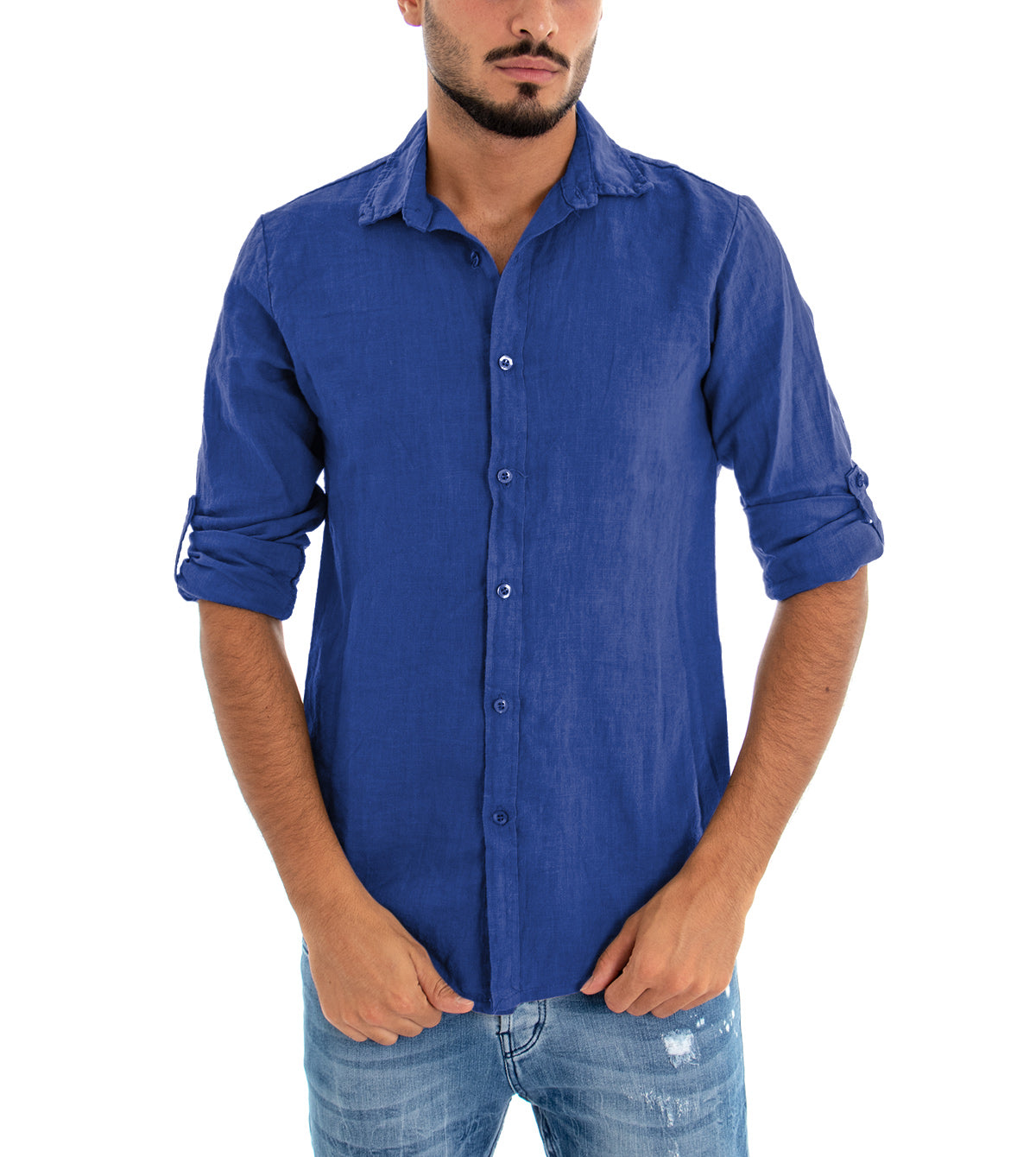 Camicia Uomo Con Colletto Slim Fit Lino Tinta Unita Maniche Lunghe Blu Royal GIOSAL-C2891A