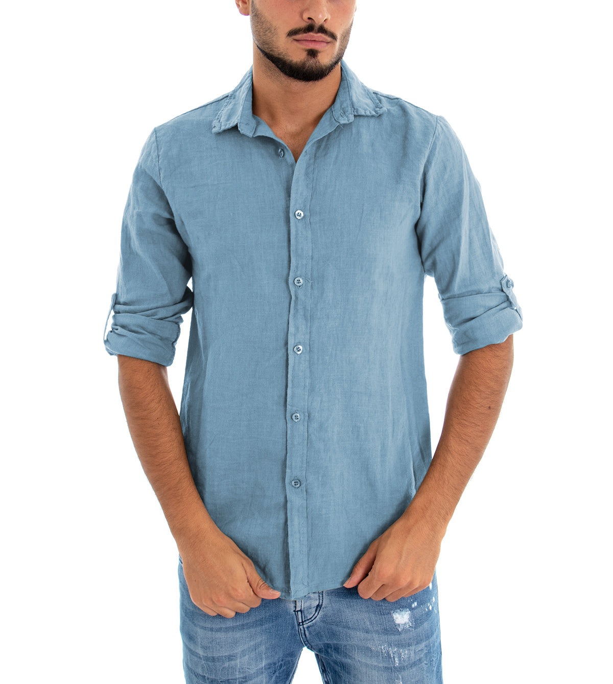 Camicia Uomo Con Colletto Slim Fit Lino Tinta Unita Maniche Lunghe Celeste GIOSAL-C2893A