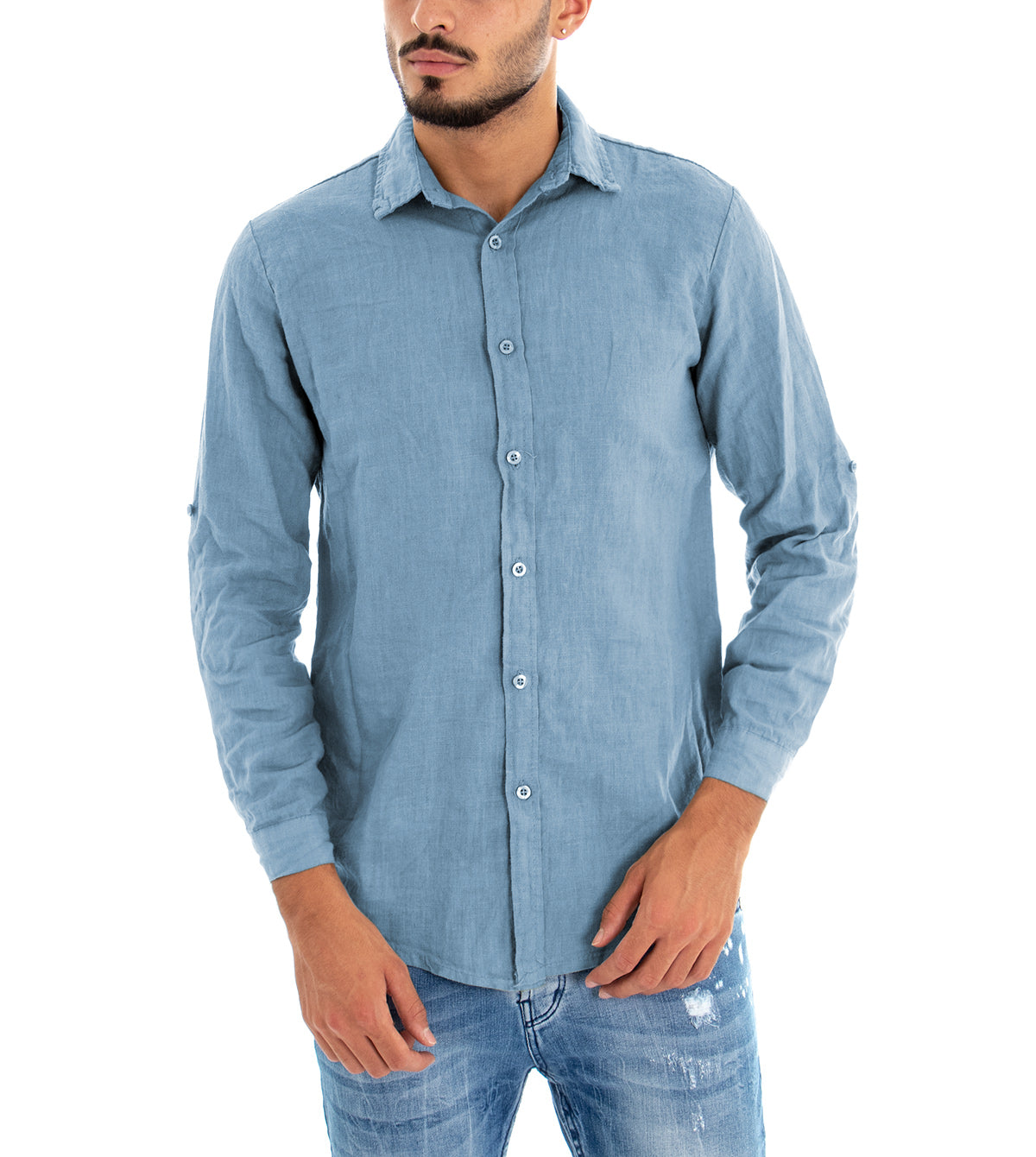 Camicia Uomo Con Colletto Slim Fit Lino Tinta Unita Maniche Lunghe Celeste GIOSAL-C2893A