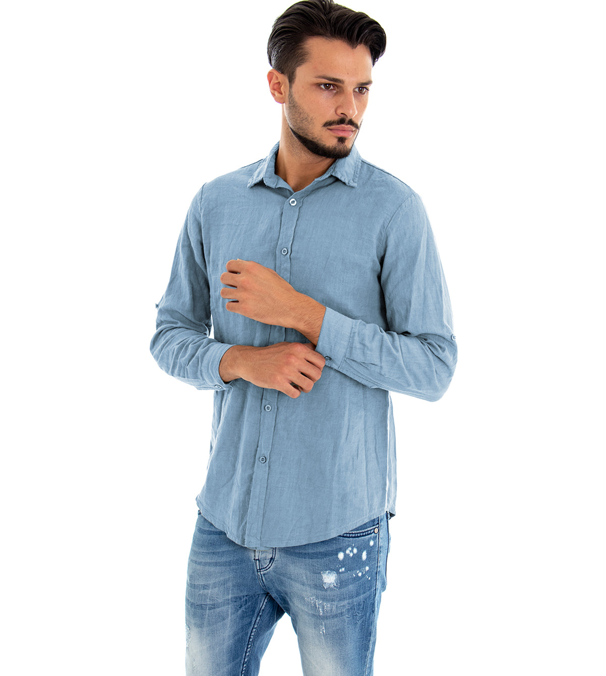 Camicia Uomo Con Colletto Slim Fit Lino Tinta Unita Maniche Lunghe Celeste GIOSAL-C2893A