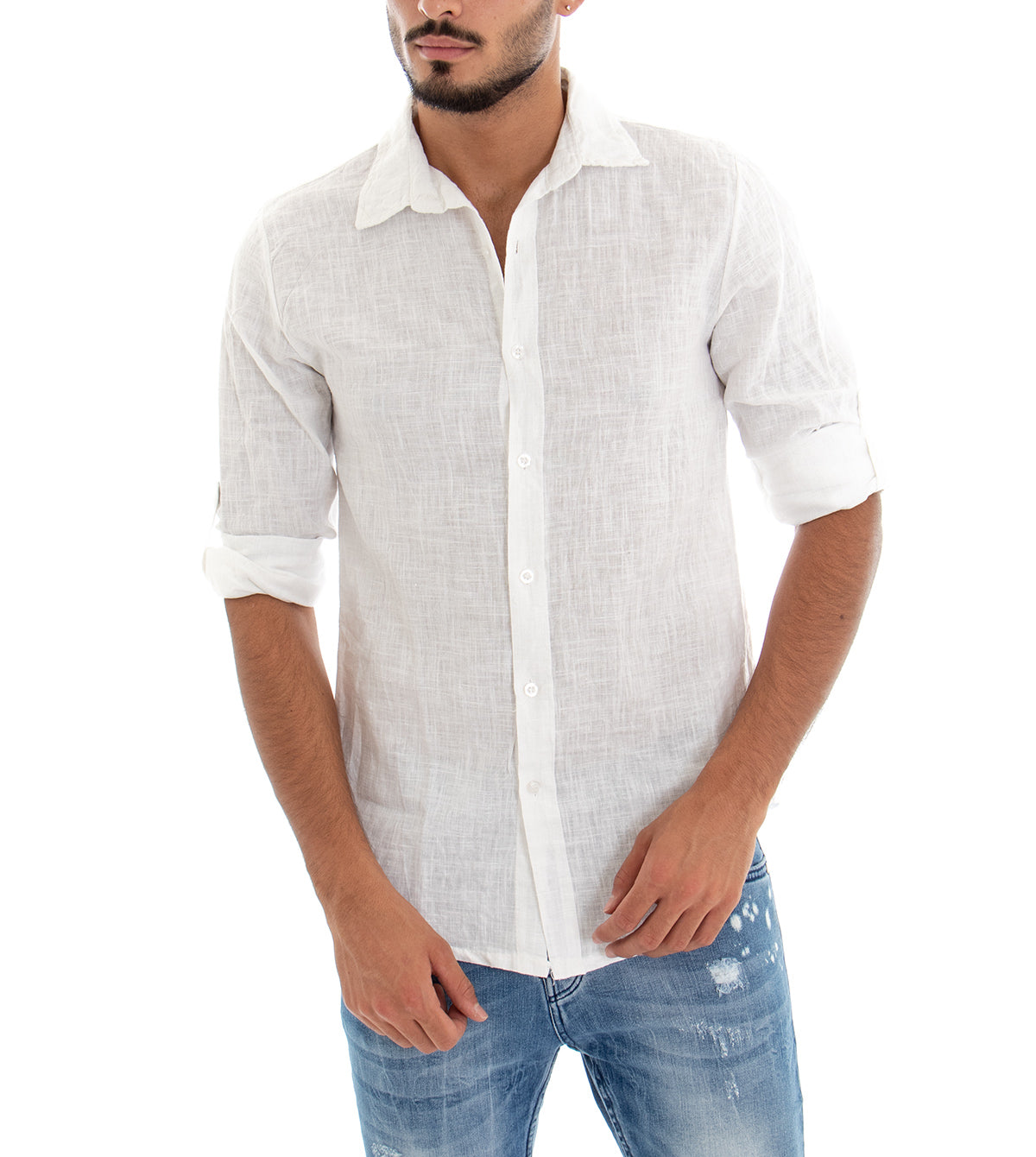 Camicia Uomo Con Colletto Slim Fit Lino Tinta Unita Maniche Lunghe Bianco GIOSAL-C2894A