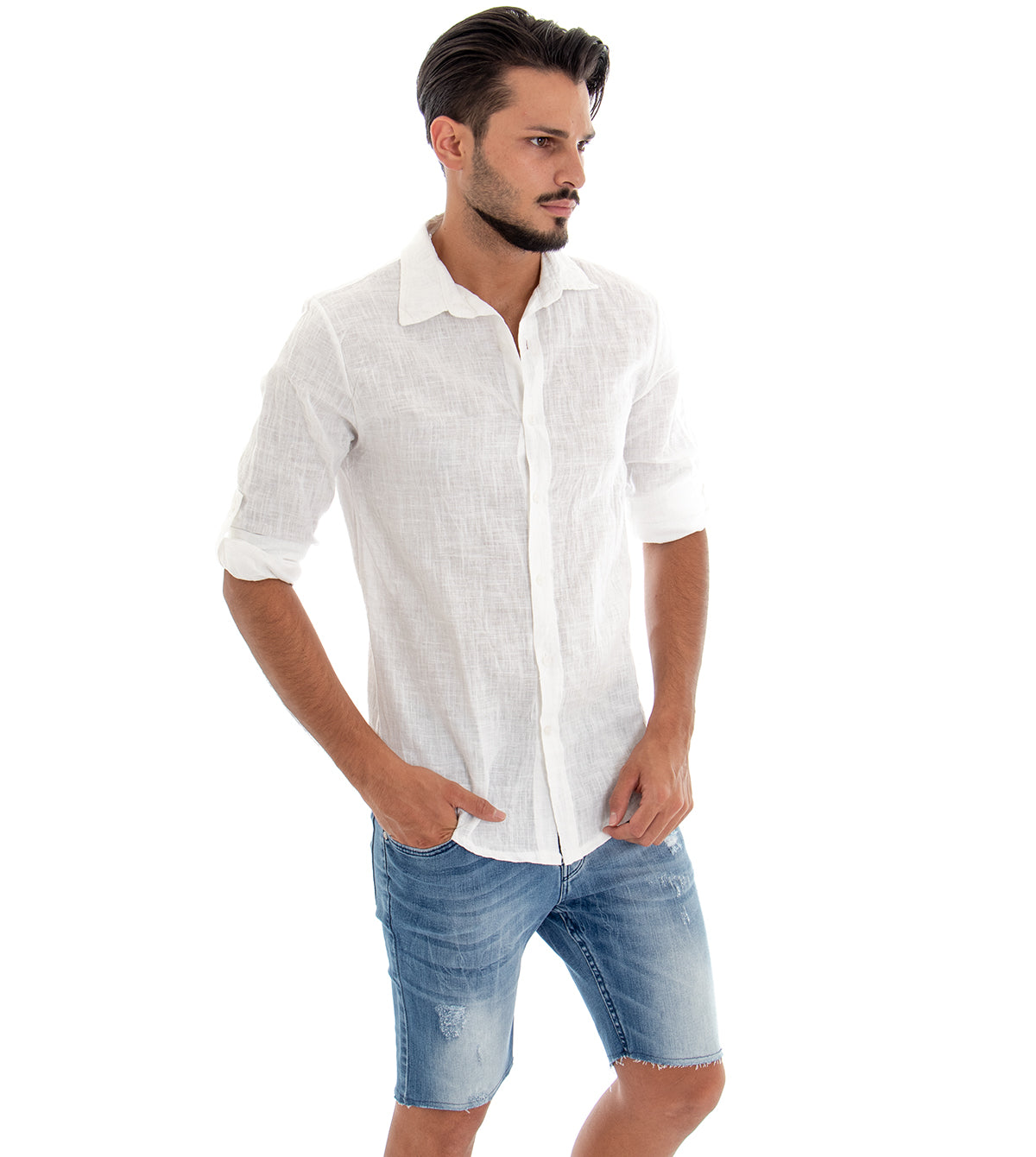 Camicia Uomo Con Colletto Slim Fit Lino Tinta Unita Maniche Lunghe Bianco GIOSAL-C2894A