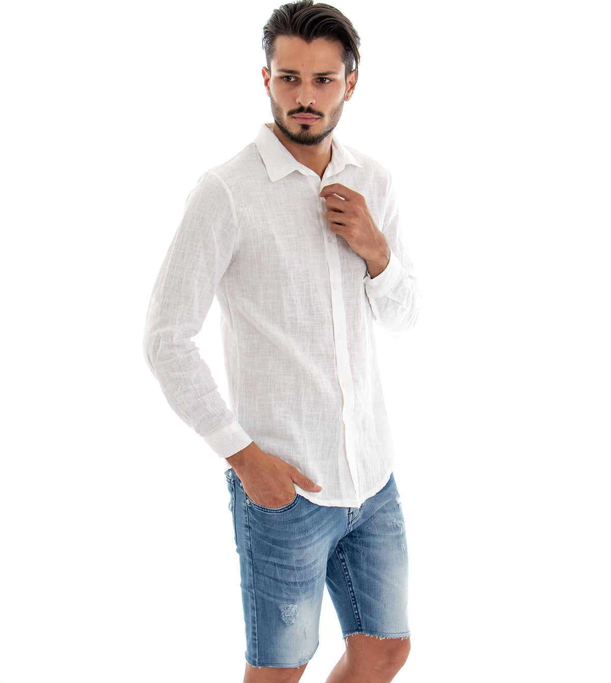 Camicia Uomo Con Colletto Slim Fit Lino Tinta Unita Maniche Lunghe Bianco GIOSAL-C2894A