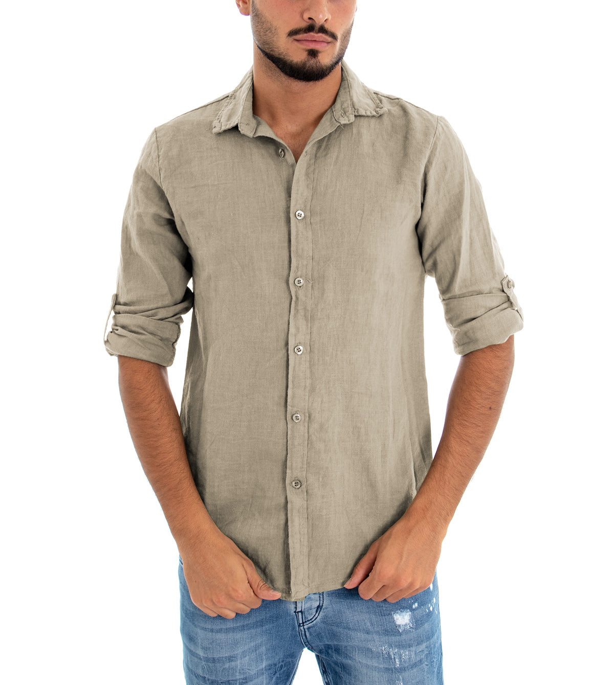 Camicia Uomo Con Colletto Slim Fit Lino Tinta Unita Maniche Lunghe Beige GIOSAL-C2896A