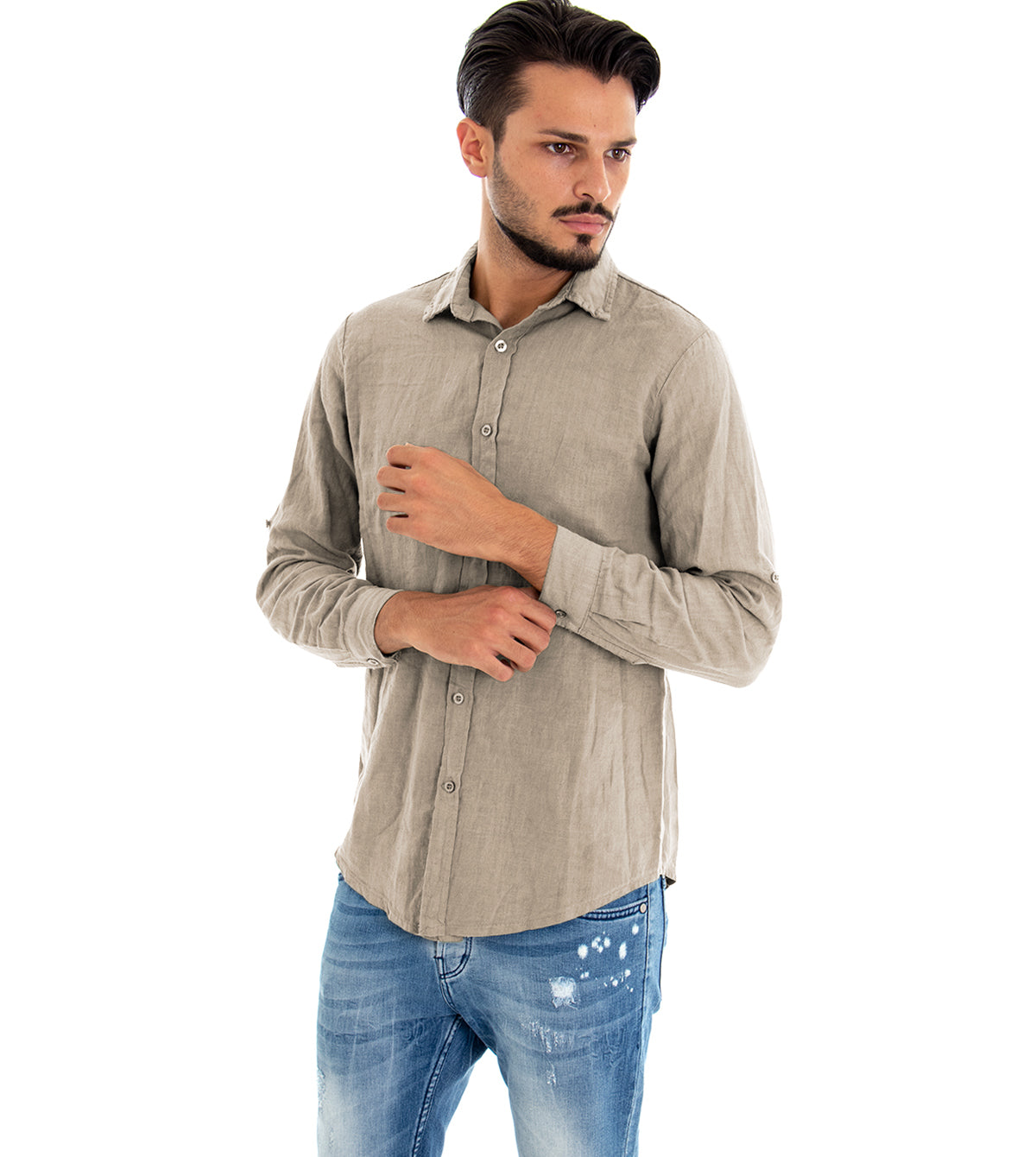 Camicia Uomo Con Colletto Slim Fit Lino Tinta Unita Maniche Lunghe Beige GIOSAL-C2896A