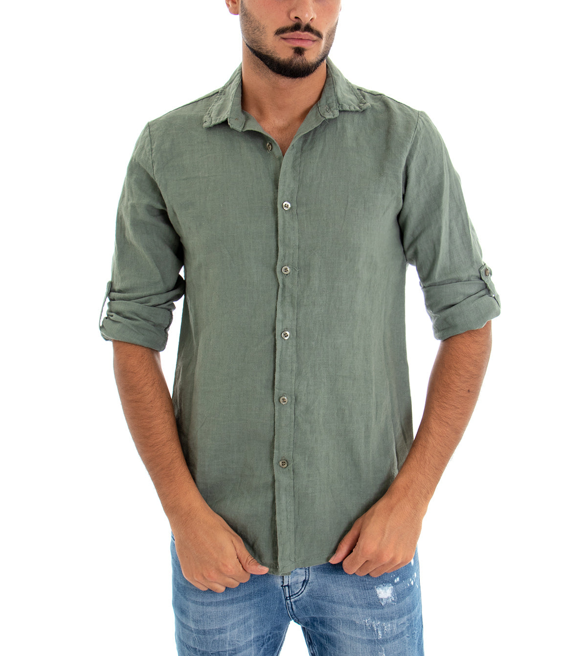 Camicia Uomo Con Colletto Slim Fit Lino Tinta Unita Maniche Lunghe Verde GIOSAL-C2897A