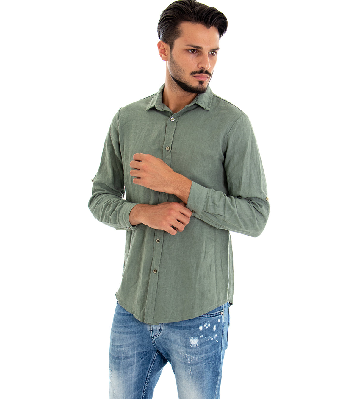 Camicia Uomo Con Colletto Slim Fit Lino Tinta Unita Maniche Lunghe Verde GIOSAL-C2897A