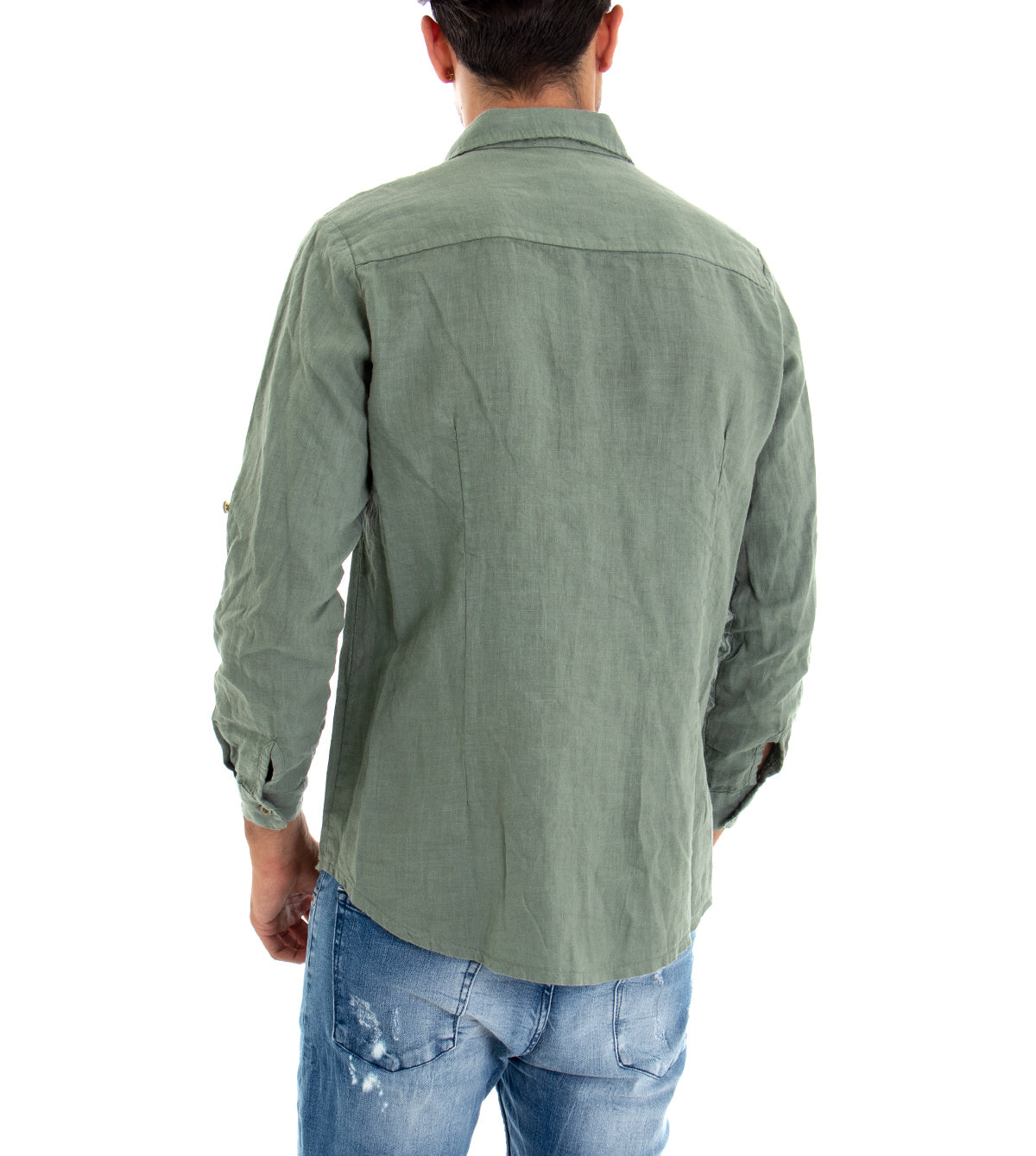 Camicia Uomo Con Colletto Slim Fit Lino Tinta Unita Maniche Lunghe Verde GIOSAL-C2897A