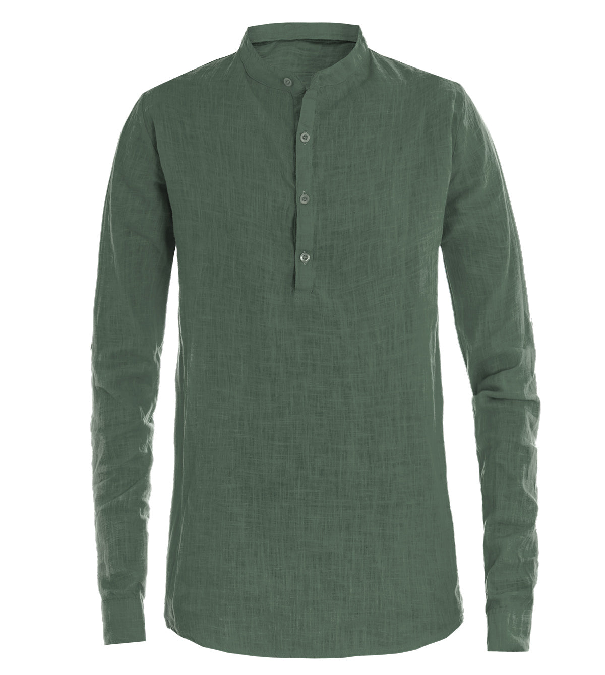 Camicia Uomo Lino Collo Serafino Mezzo Bottone Tinta Unita Casacca Verde GIOSAL-C2899A