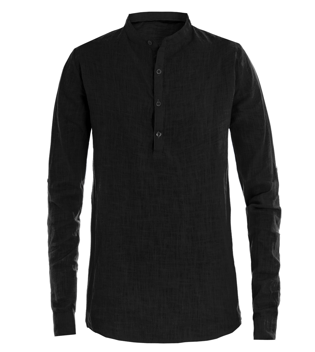 Camicia Uomo Lino Collo Serafino Mezzo Bottone Tinta Unita Casacca Nero GIOSAL-C2901A