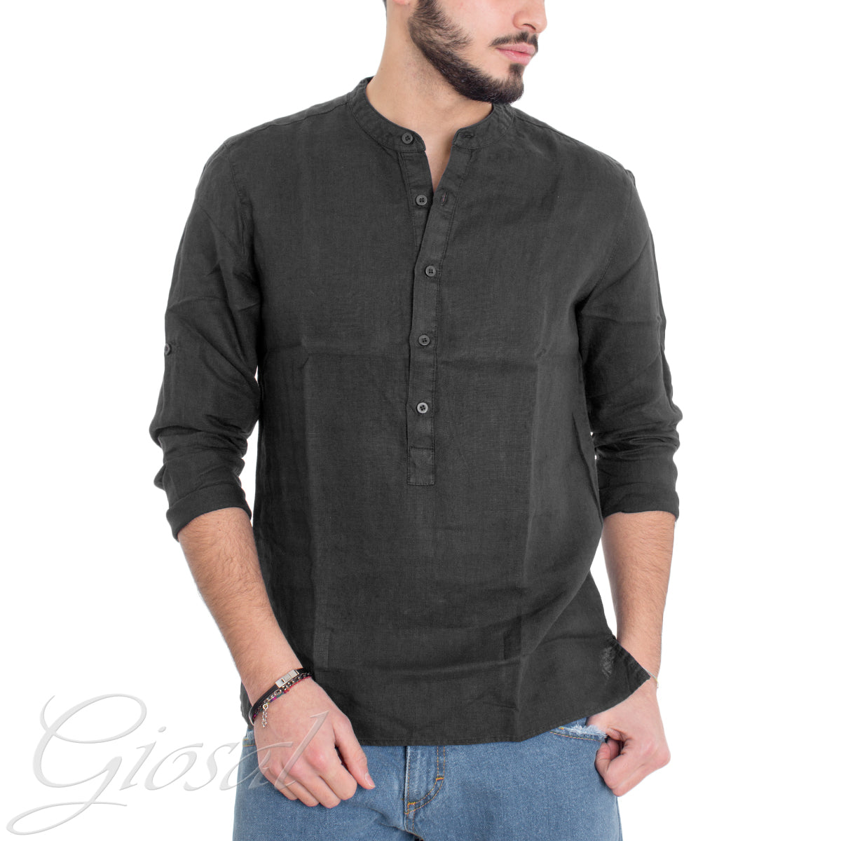 Camicia Uomo Lino Collo Serafino Mezzo Bottone Tinta Unita Casacca Nero GIOSAL-C2901A