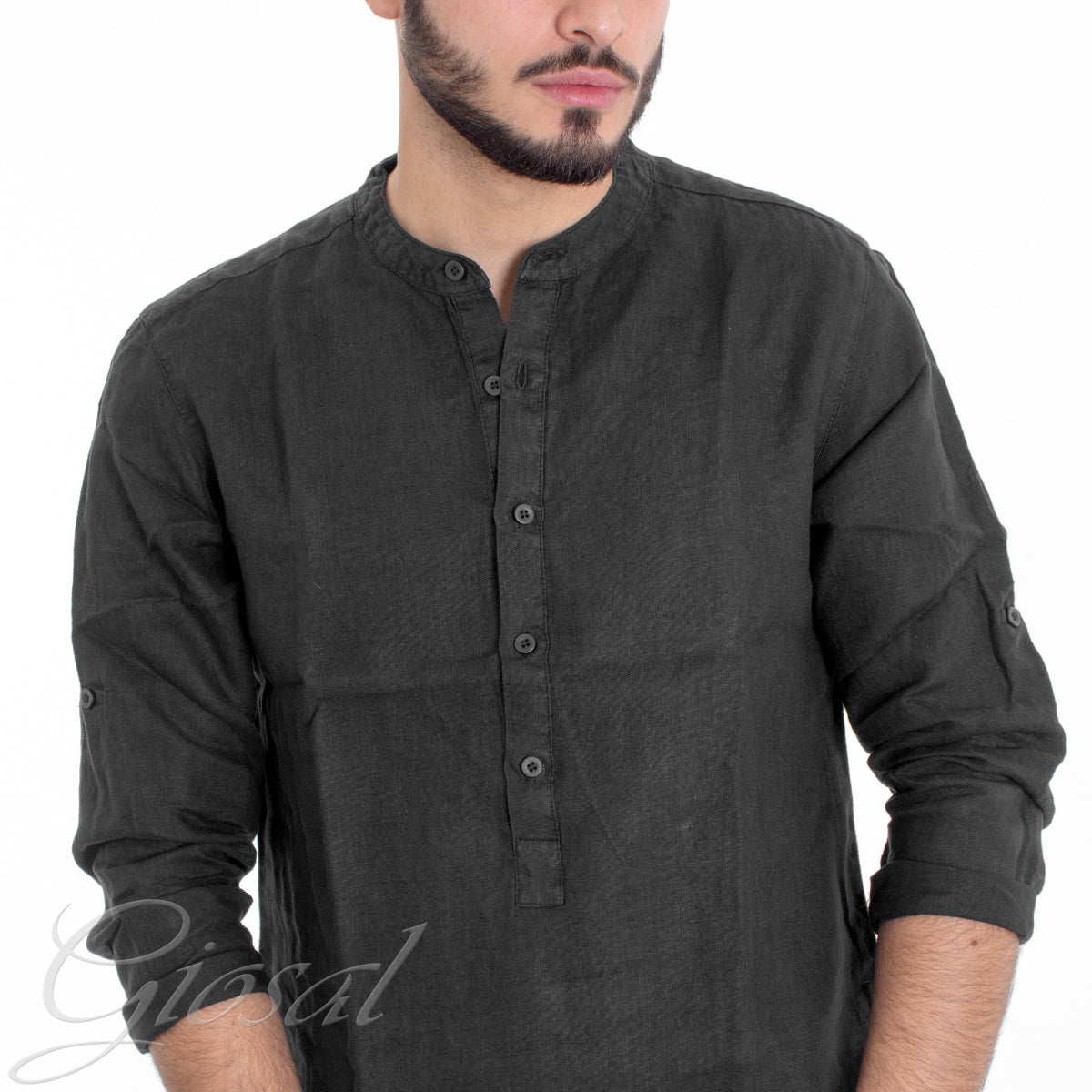 Camicia Uomo Lino Collo Serafino Mezzo Bottone Tinta Unita Casacca Nero GIOSAL-C2901A