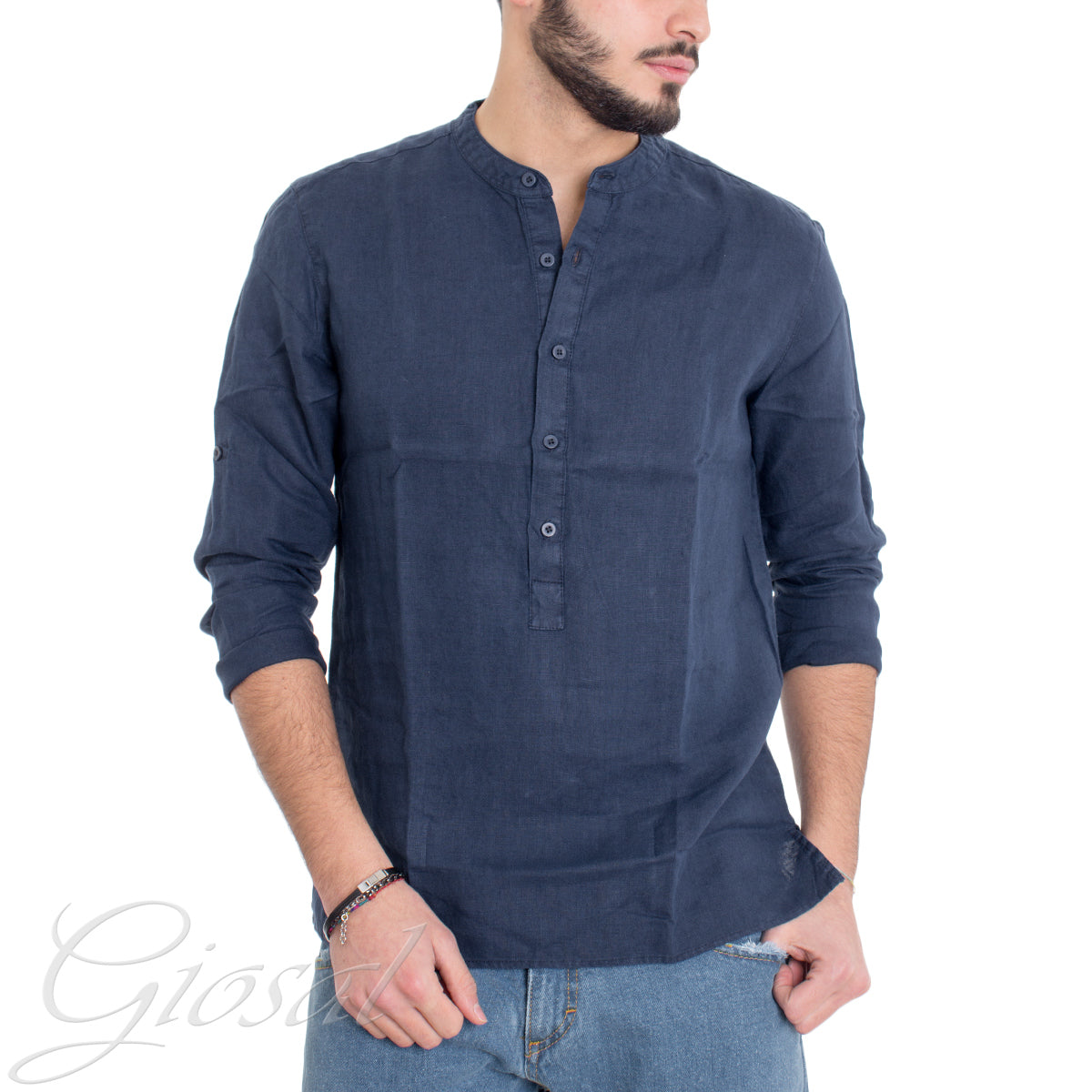 Camicia Uomo Lino Collo Serafino Mezzo Bottone Tinta Unita Casacca Blu GIOSAL-C2902A