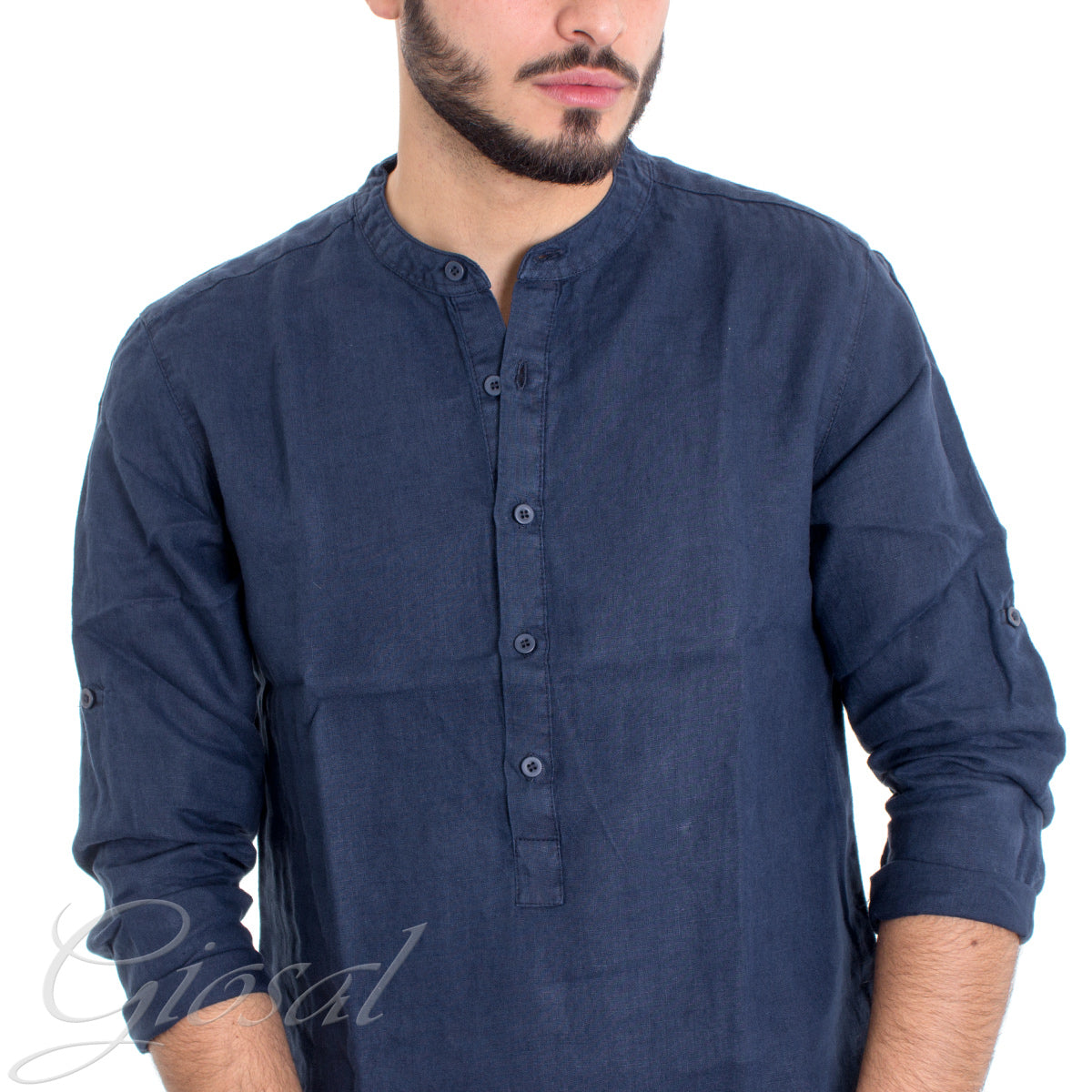 Camicia Uomo Lino Collo Serafino Mezzo Bottone Tinta Unita Casacca Blu GIOSAL-C2902A