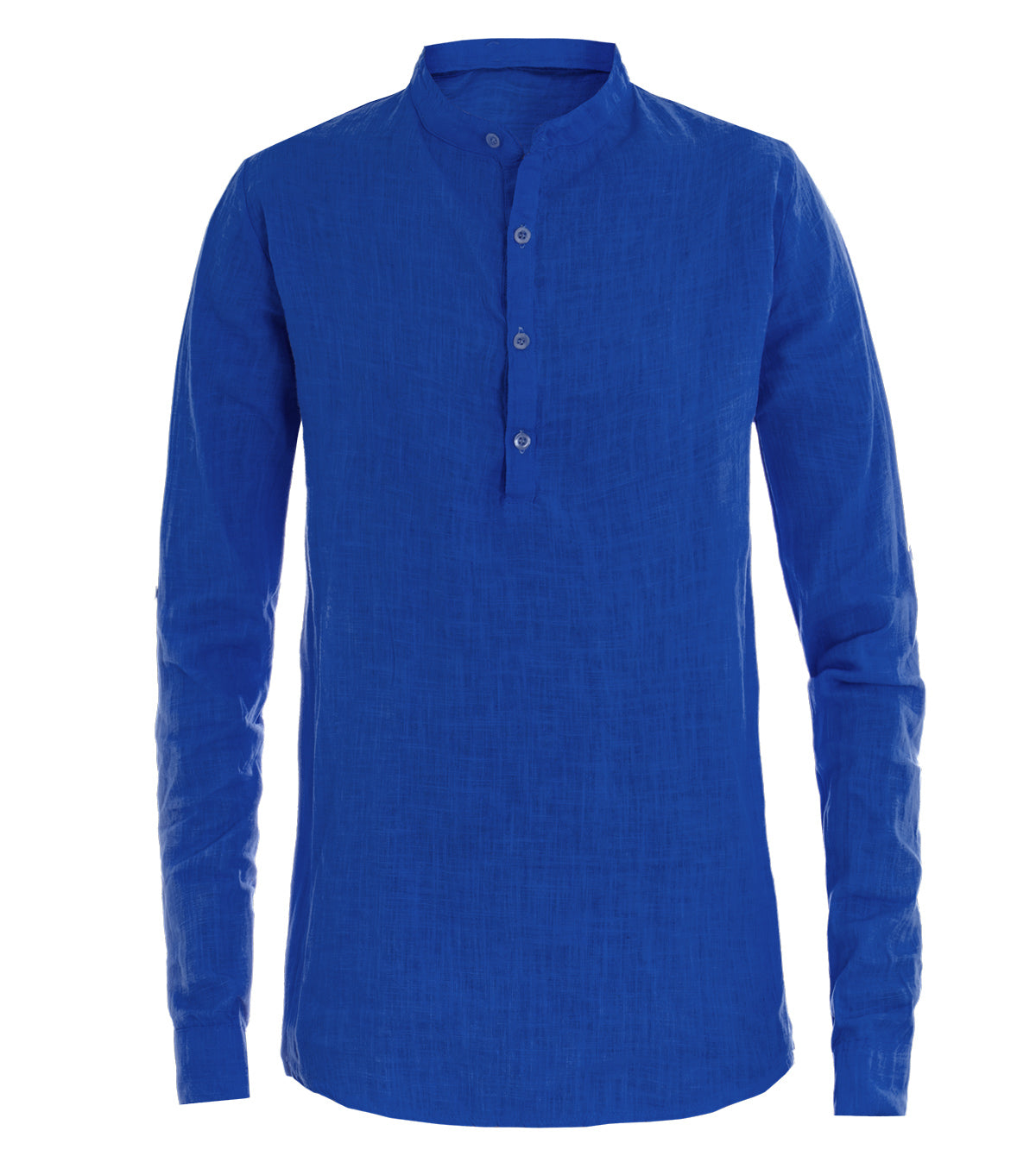 Camicia Uomo Lino Collo Serafino Mezzo Bottone Tinta Unita Casacca Blu Royal GIOSAL-C2905A