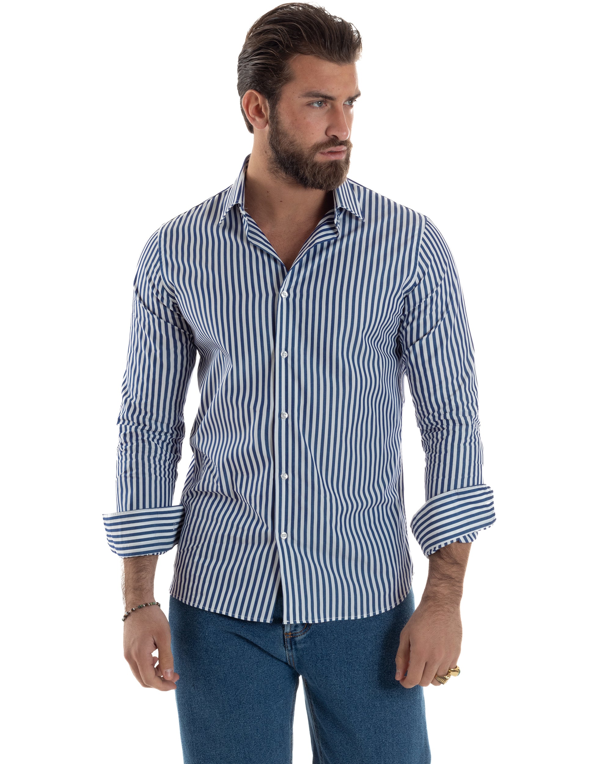 Camicia uomo cotone collo francese slim fit righe bastoncino medio blu GIOSAL-C2918A