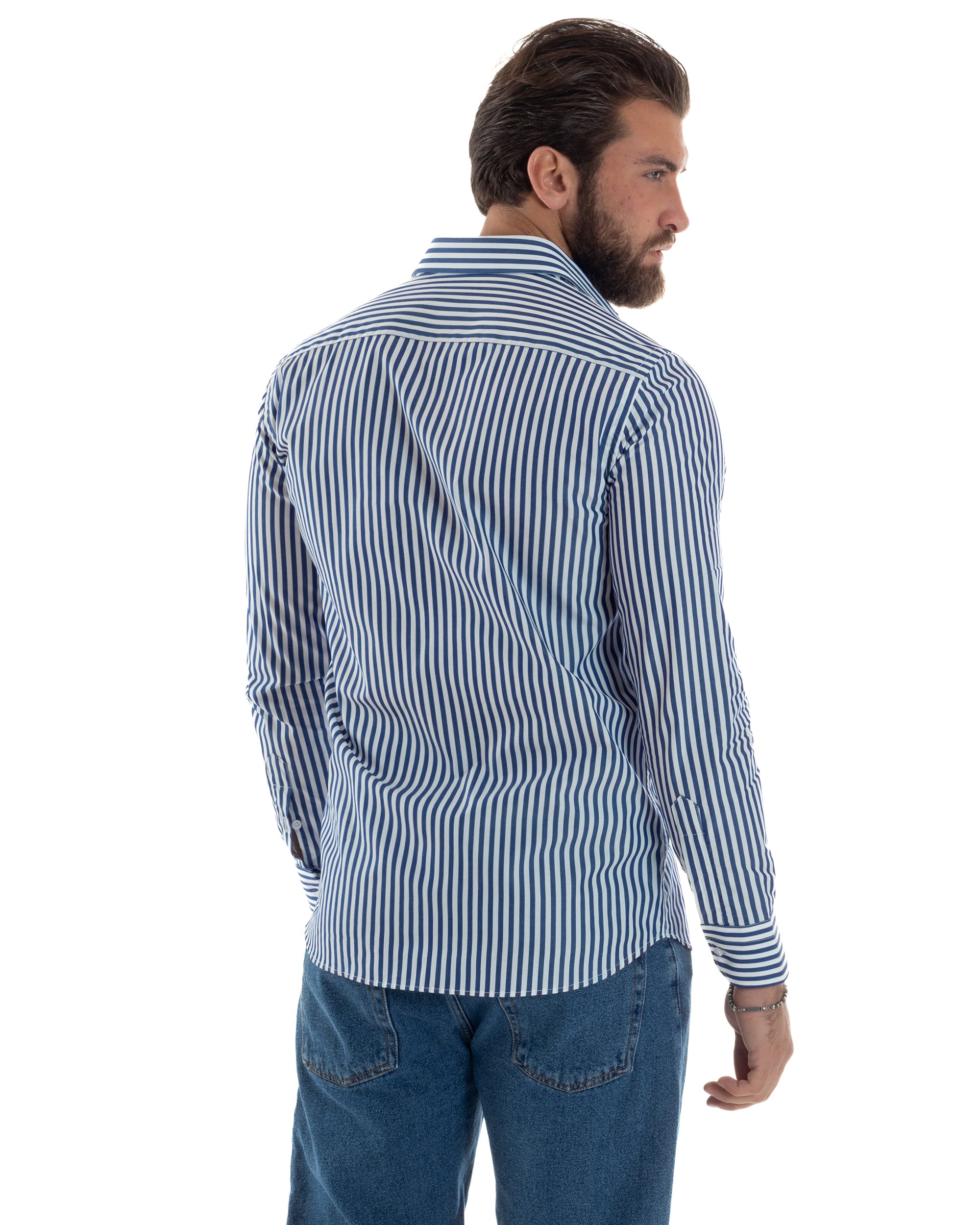 Camicia uomo cotone collo francese slim fit righe bastoncino medio blu GIOSAL-C2918A