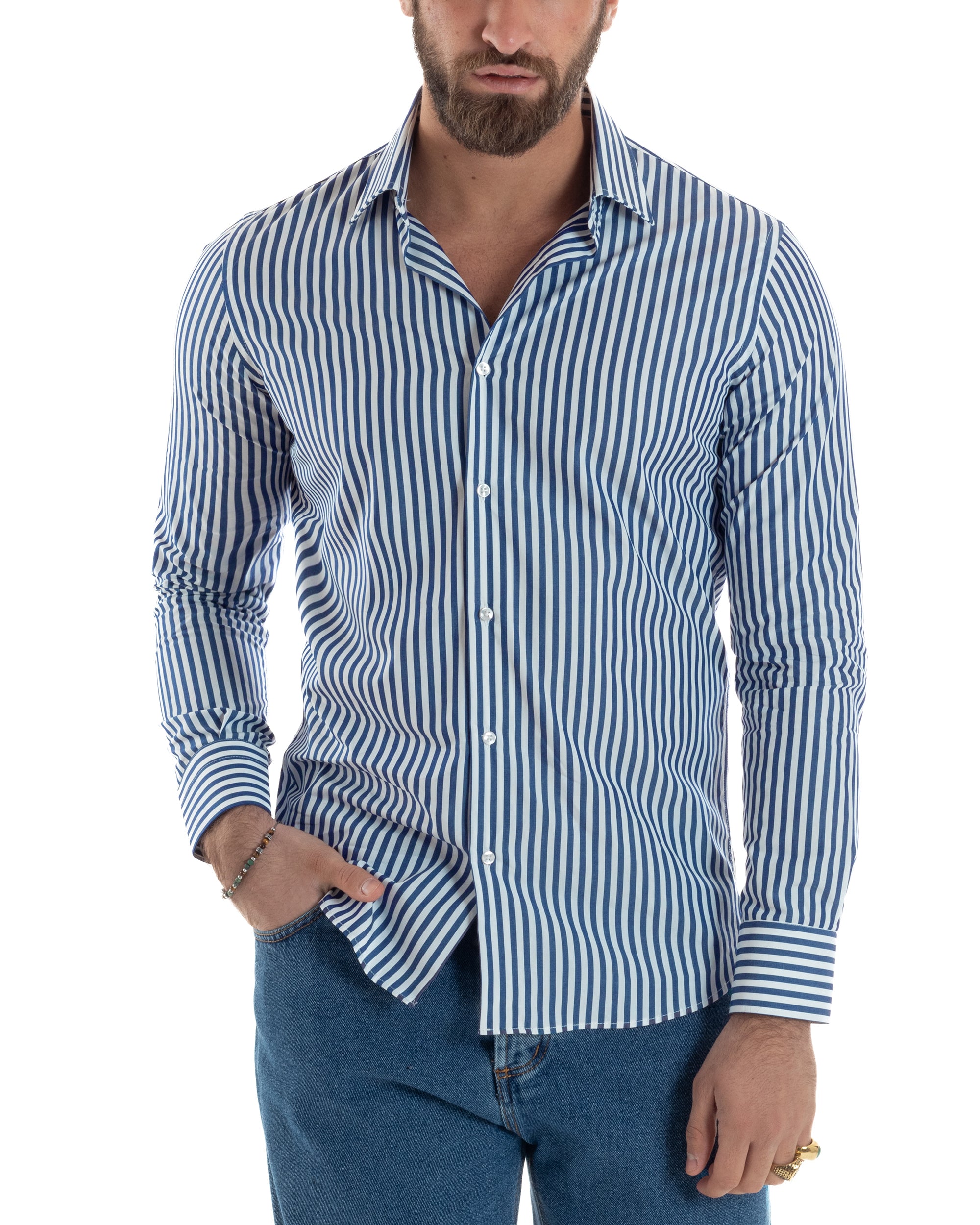 Camicia uomo cotone collo francese slim fit righe bastoncino medio blu GIOSAL-C2918A