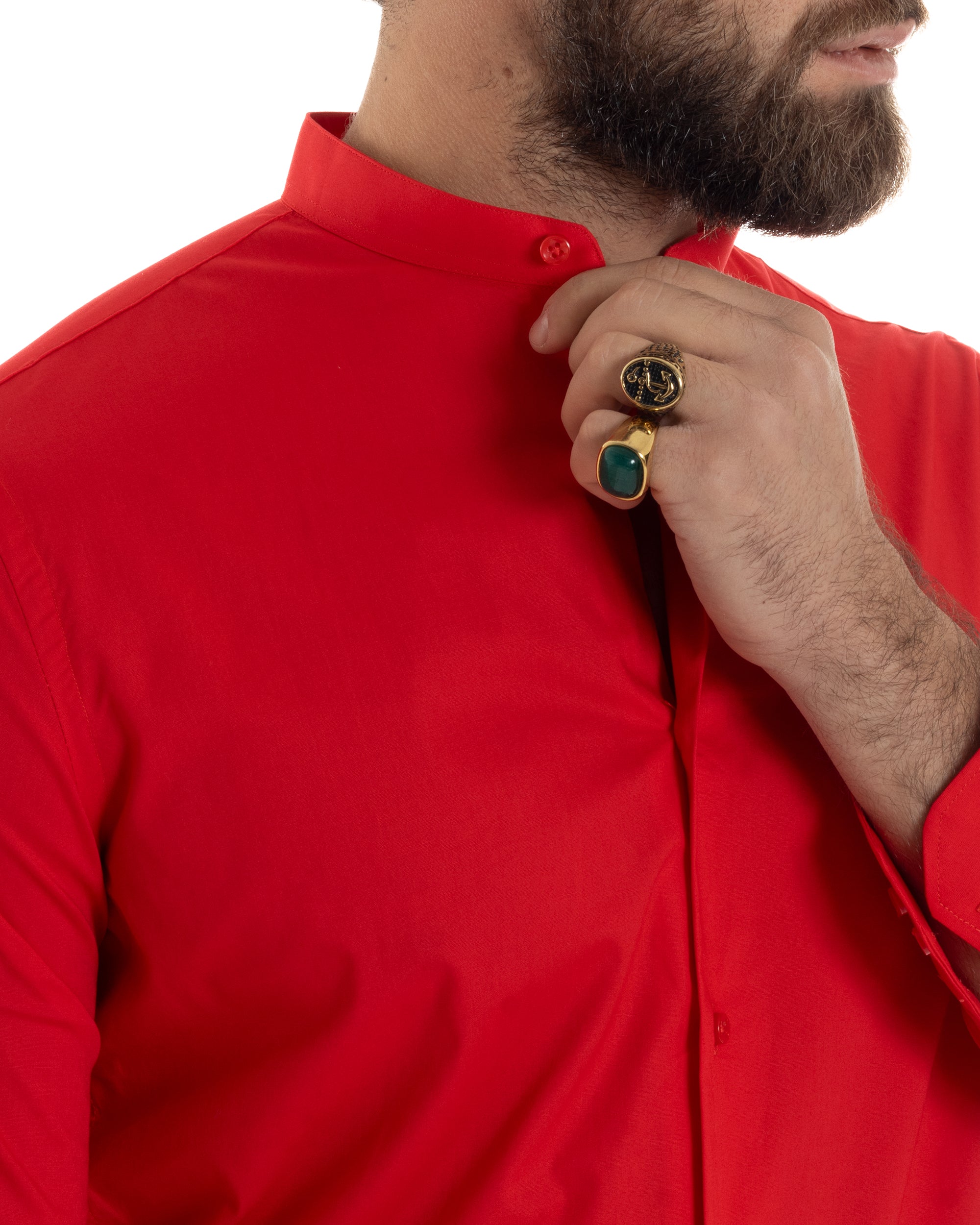 Bellstone Camicia Kurta Uomo Maniche Lunghe In Cotone – Colletto Coreano – Rosso (Taglia M)